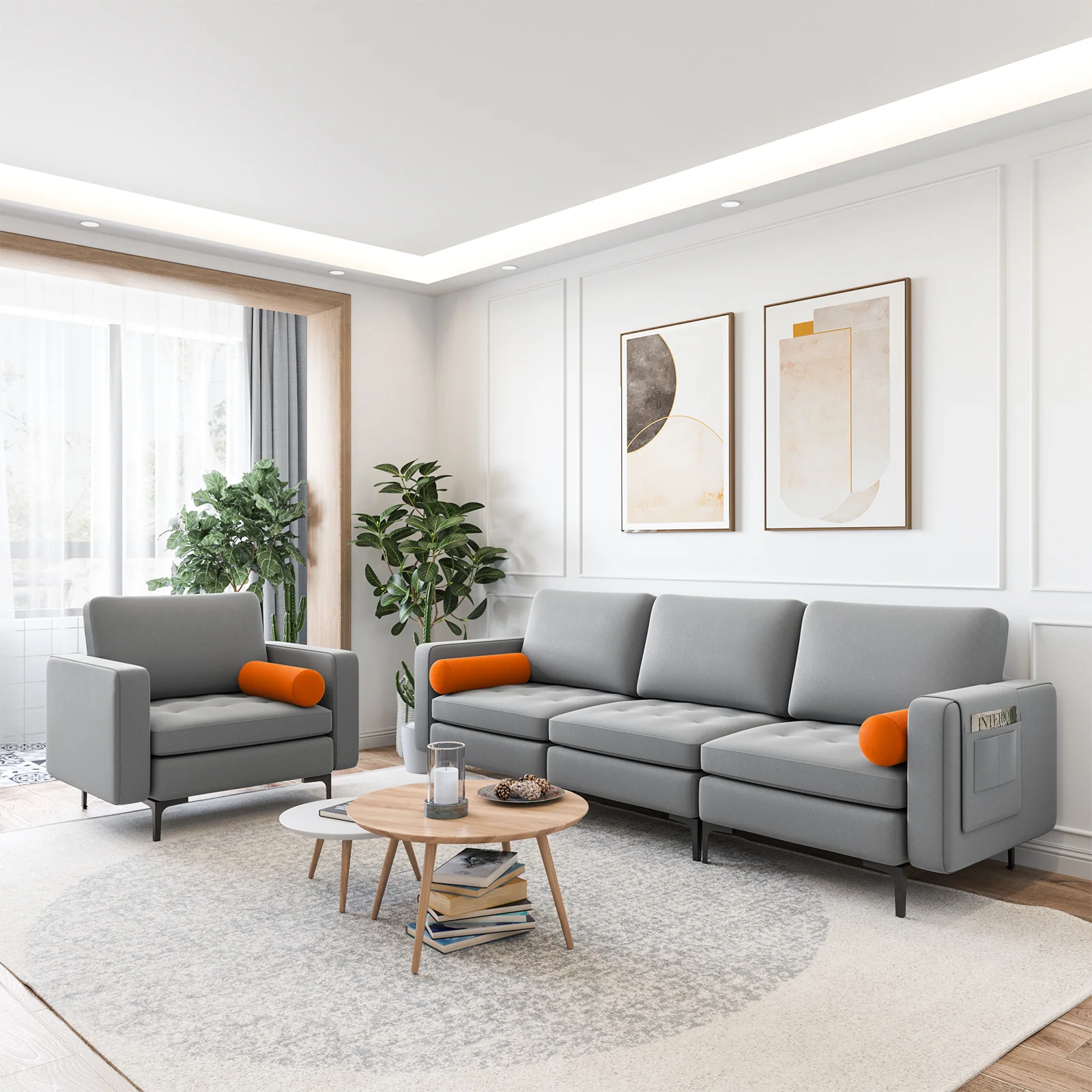 Modular 3-Seat Sofa, USB Ports, Side Storage Pocket, Gray - Image 3