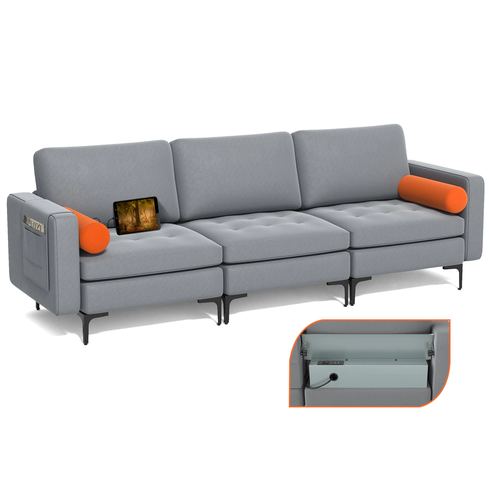Modular 3-Seat Sofa, USB Ports, Side Storage Pocket, Gray - Image 4