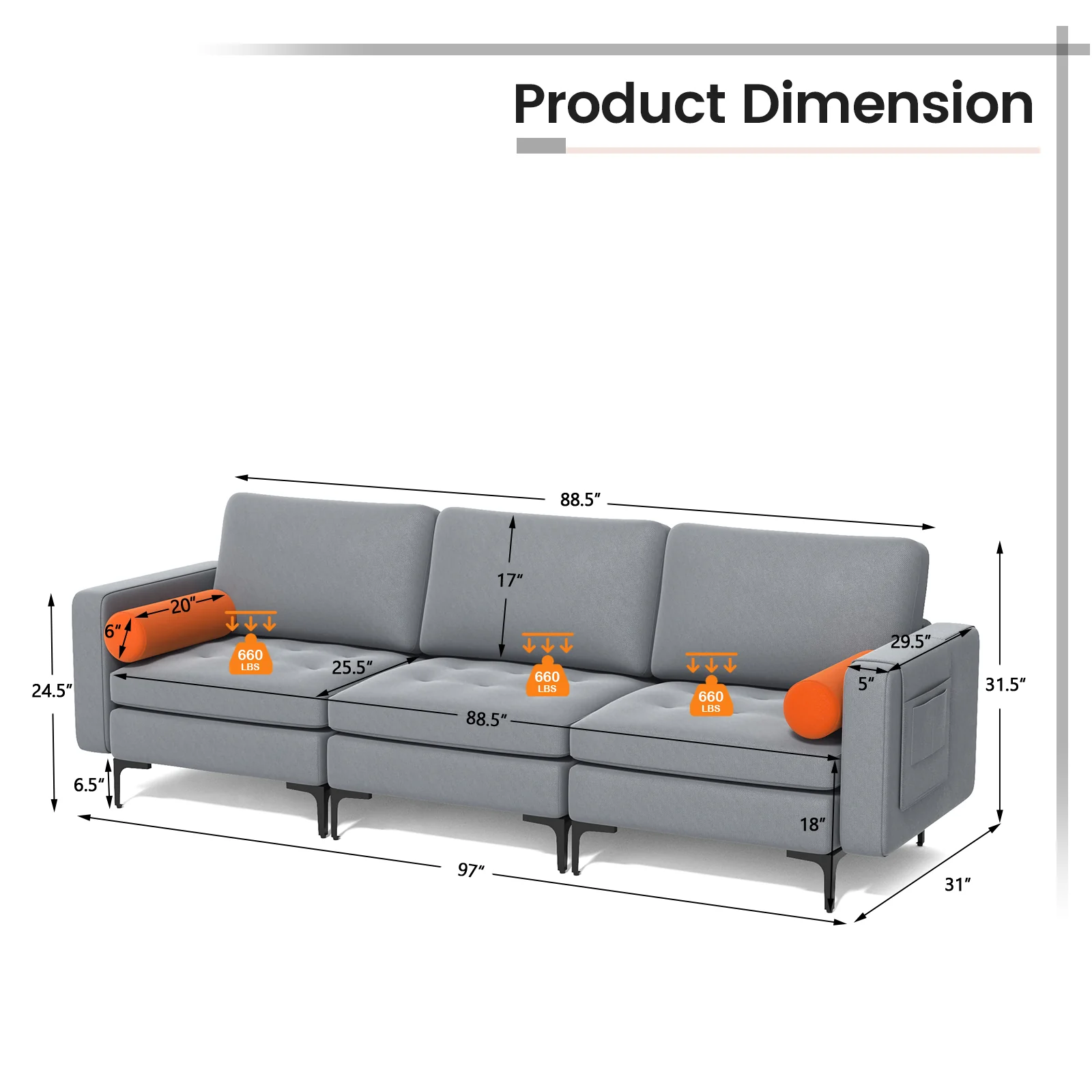 Modular 3-Seat Sofa, USB Ports, Side Storage Pocket, Gray - Image 5