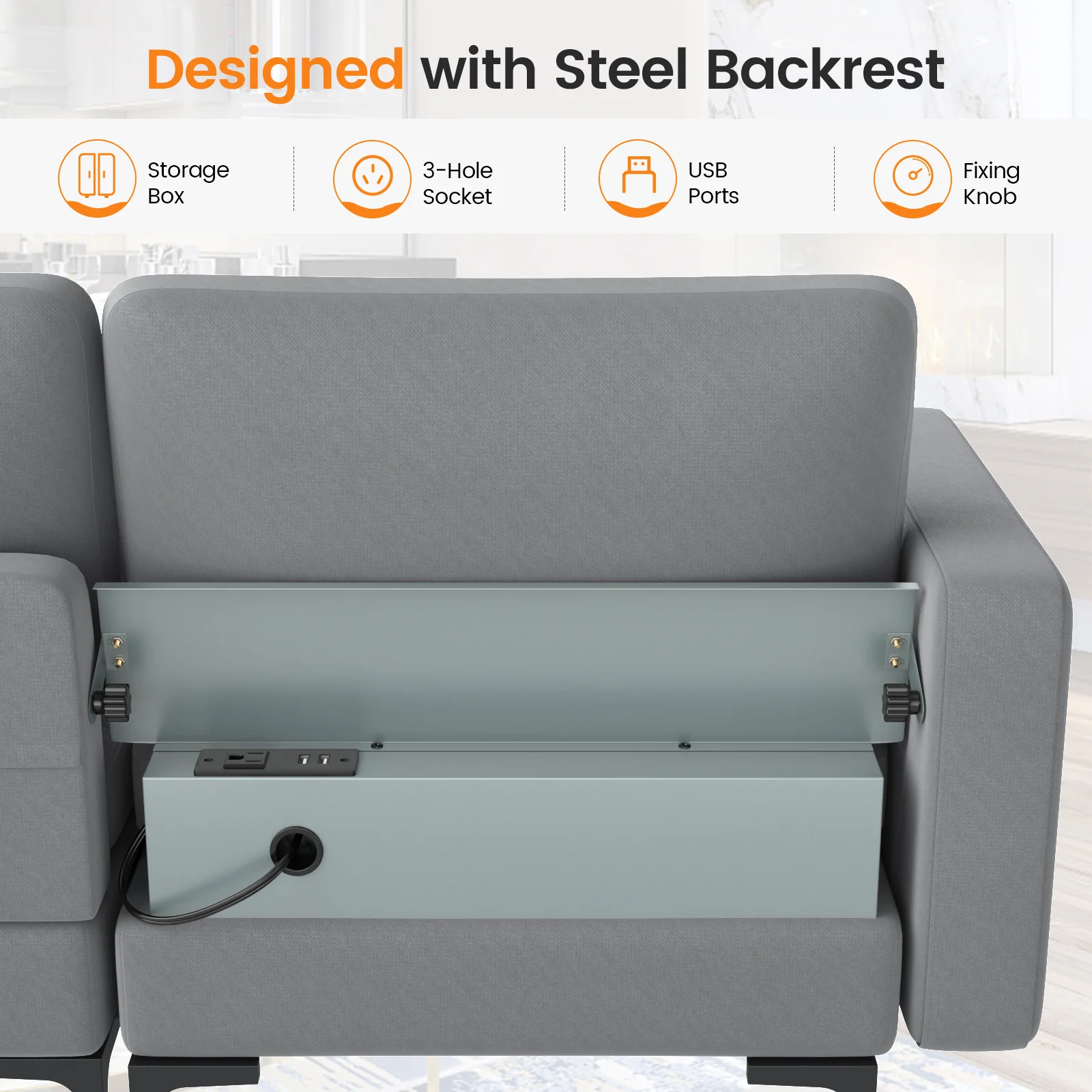 Modular 3-Seat Sofa, USB Ports, Side Storage Pocket, Gray - Image 6