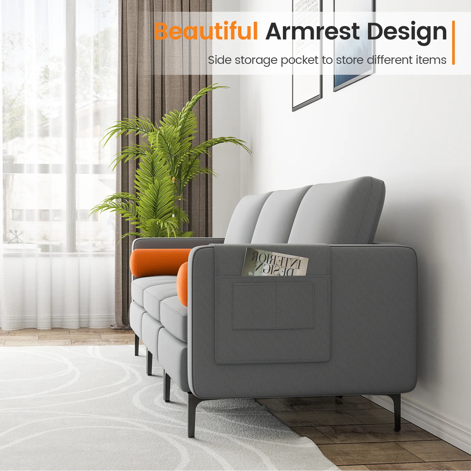 Modular 3-Seat Sofa, USB Ports, Side Storage Pocket, Gray - Image 8
