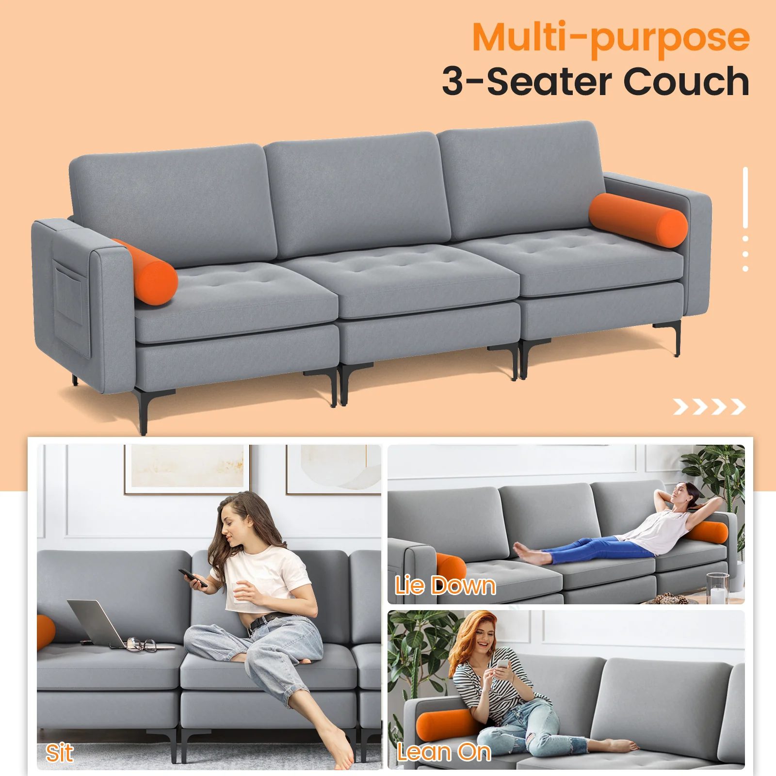 Modular 3-Seat Sofa, USB Ports, Side Storage Pocket, Gray - Image 9