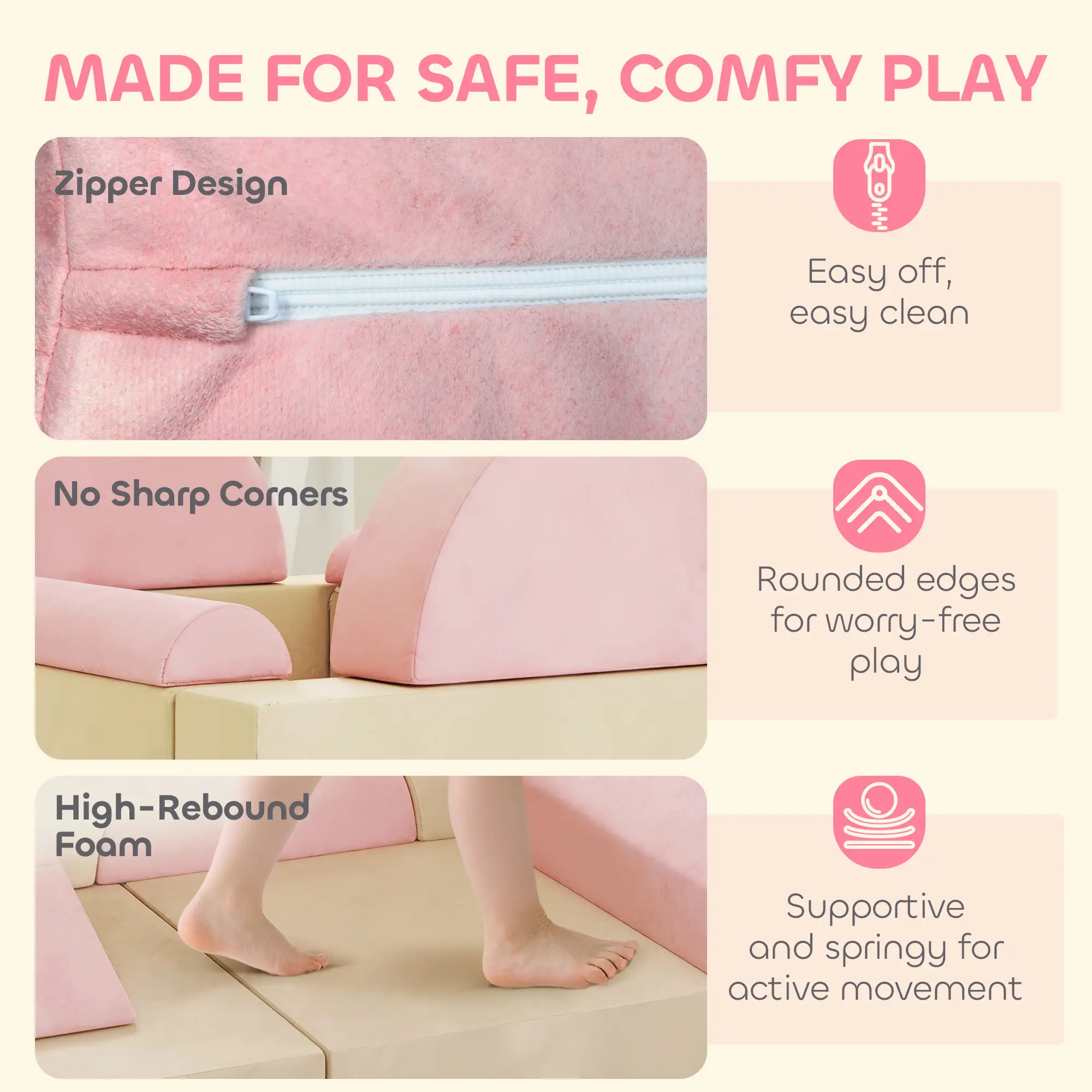 Modular Kids Play Couch, Child Sectional Sofa, Convertible Foam Cushion, Pink - Image 5