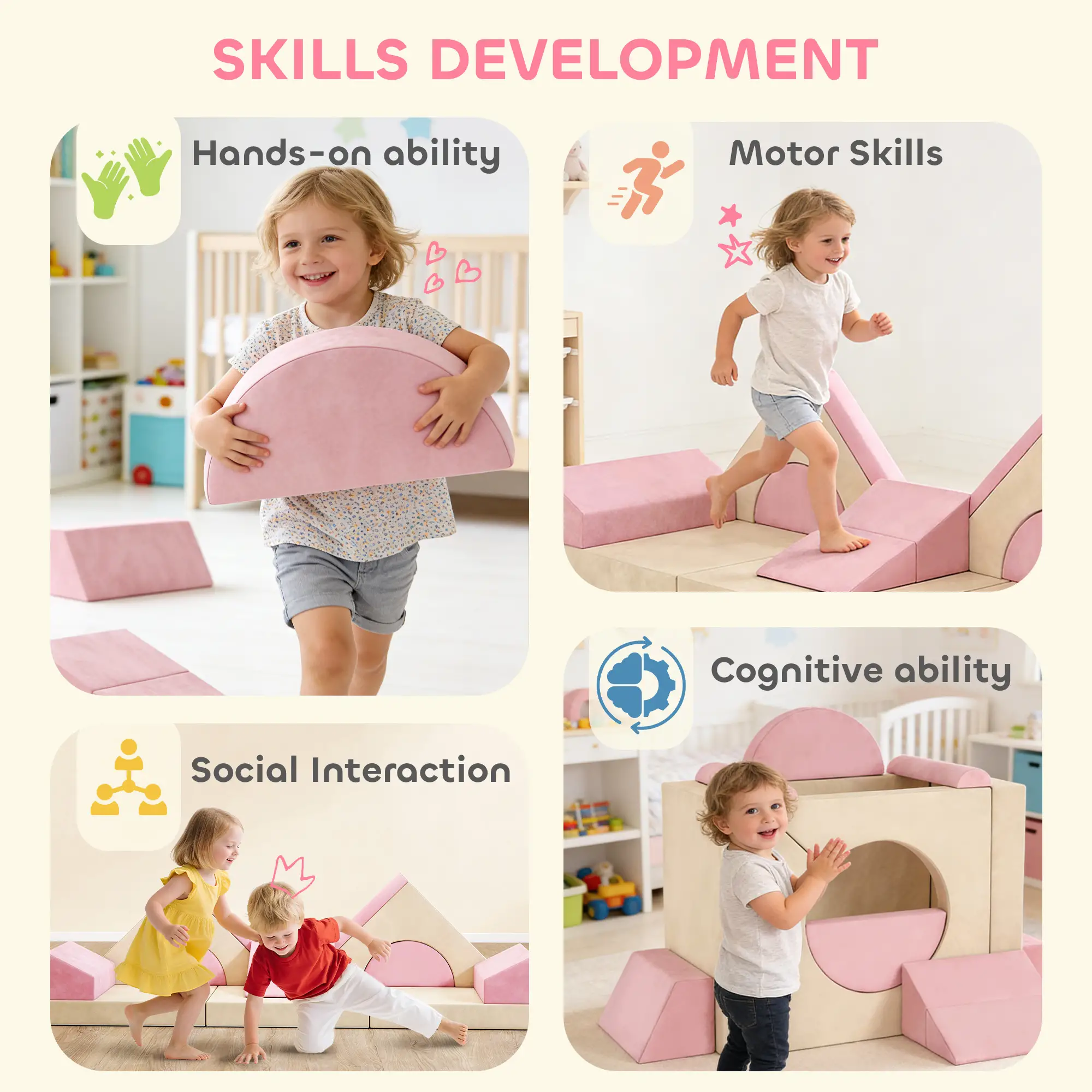 Modular Kids Play Couch, Child Sectional Sofa, Convertible Foam Cushion, Pink - Image 7