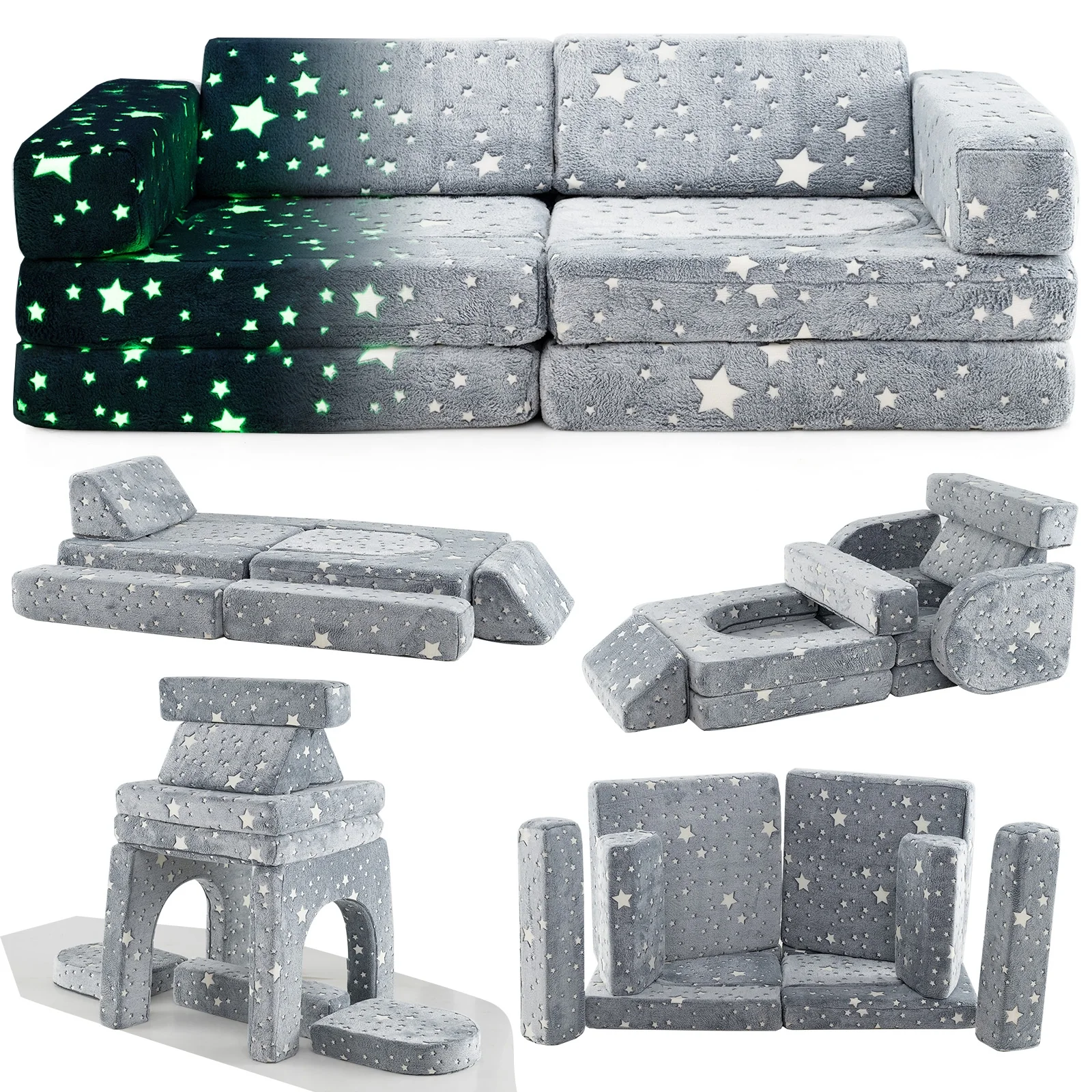 Modular Kids Play Couch Sectional Sofa, 10 Pieces, Glow In Dark, Gray