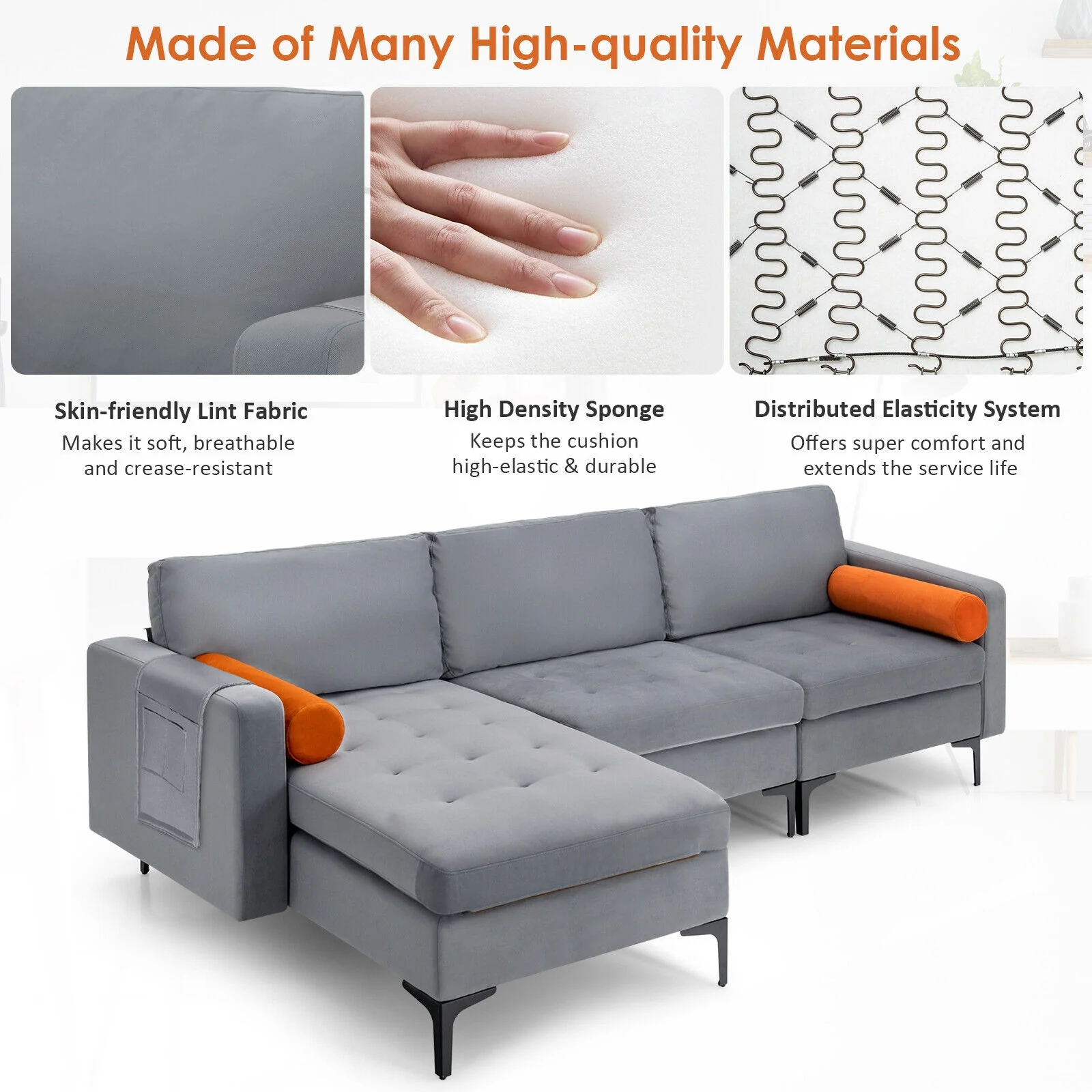 Modular L-Shaped 3-Seat Sectional Sofa, Reversible Chaise, USB Ports, Gray - Image 4