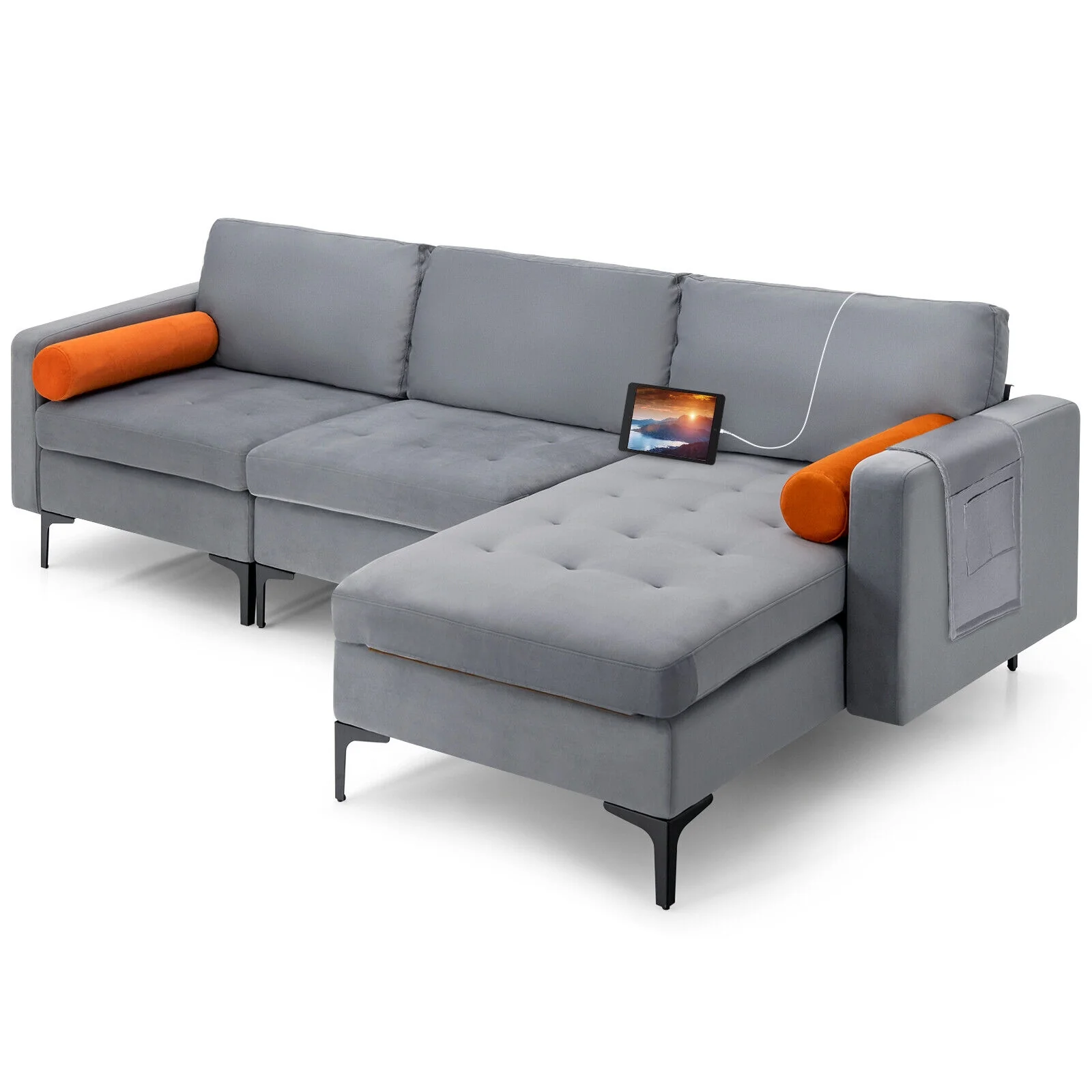 Modular L-Shaped 3-Seat Sectional Sofa, Reversible Chaise, USB Ports, Gray - Image 8