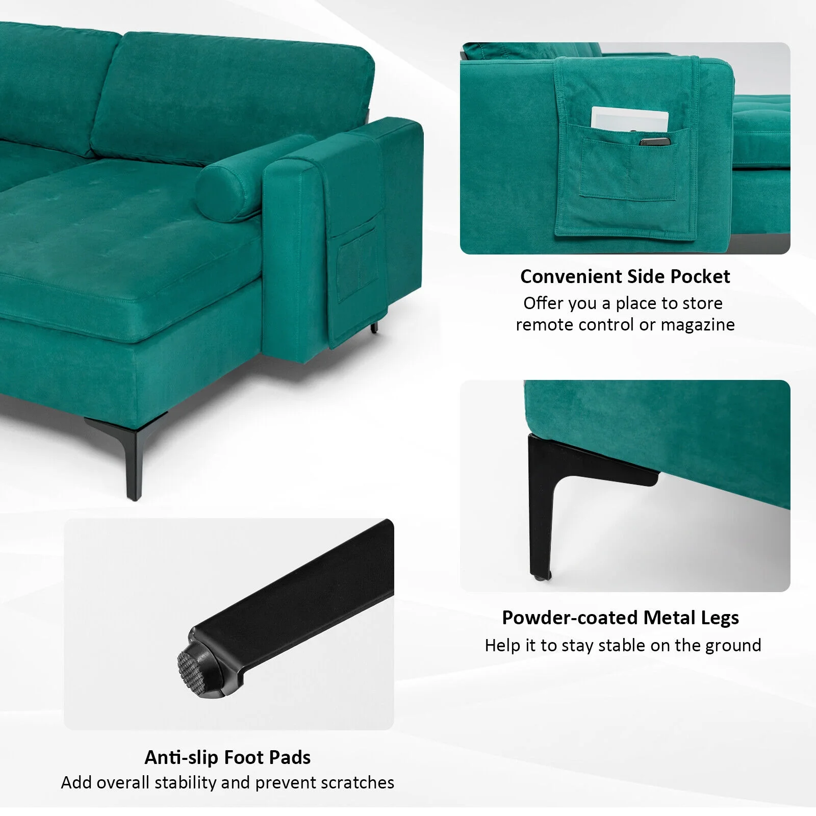 Modular L-Shaped Sectional Sofa, 3-Seat, USB Port, Teal - Image 10