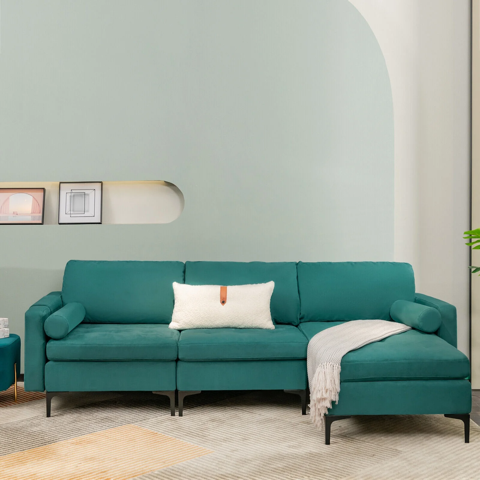Modular L-Shaped Sectional Sofa, 3-Seat, USB Port, Teal - Image 2