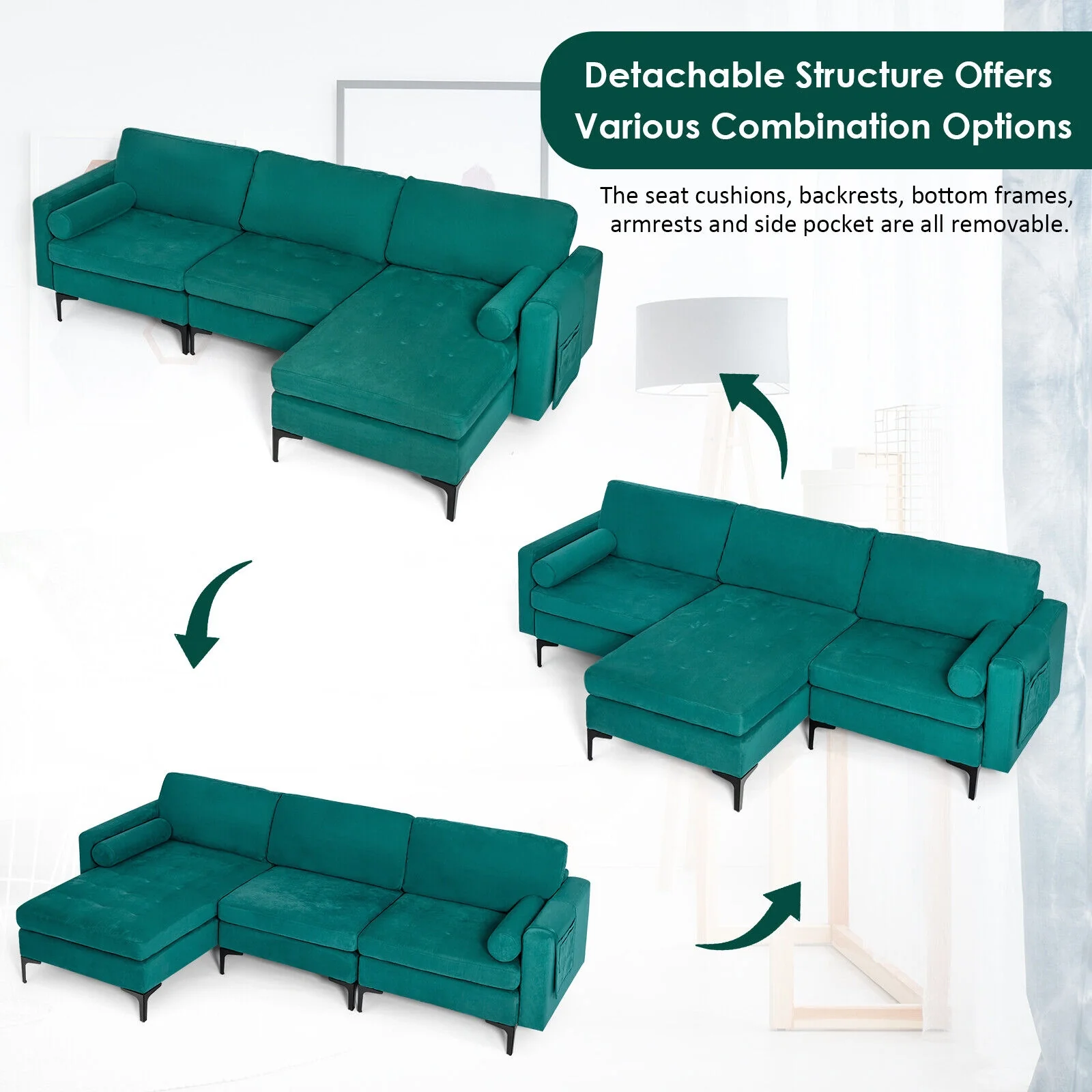 Modular L-Shaped Sectional Sofa, 3-Seat, USB Port, Teal - Image 4