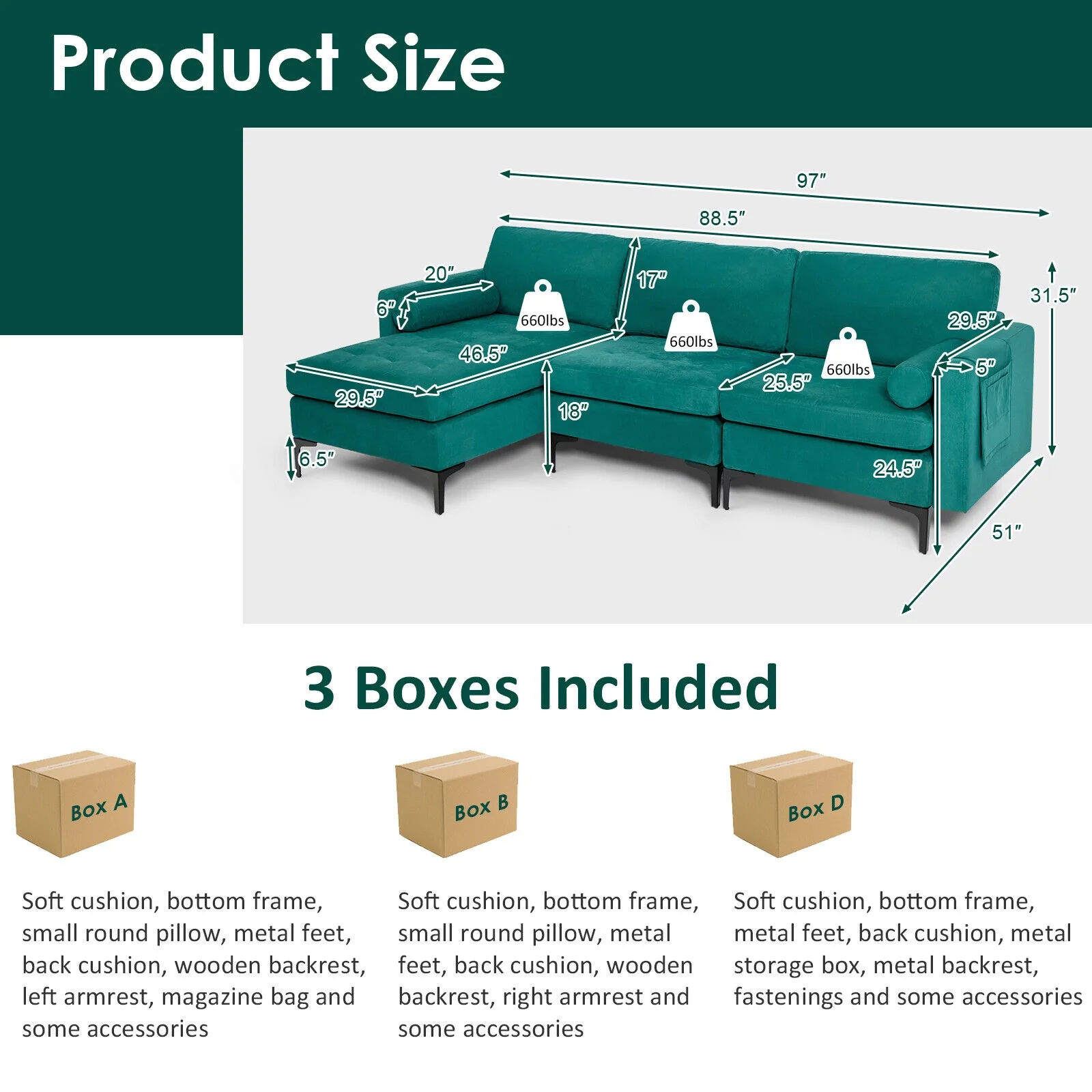 Modular L-Shaped Sectional Sofa, 3-Seat, USB Port, Teal - Image 5