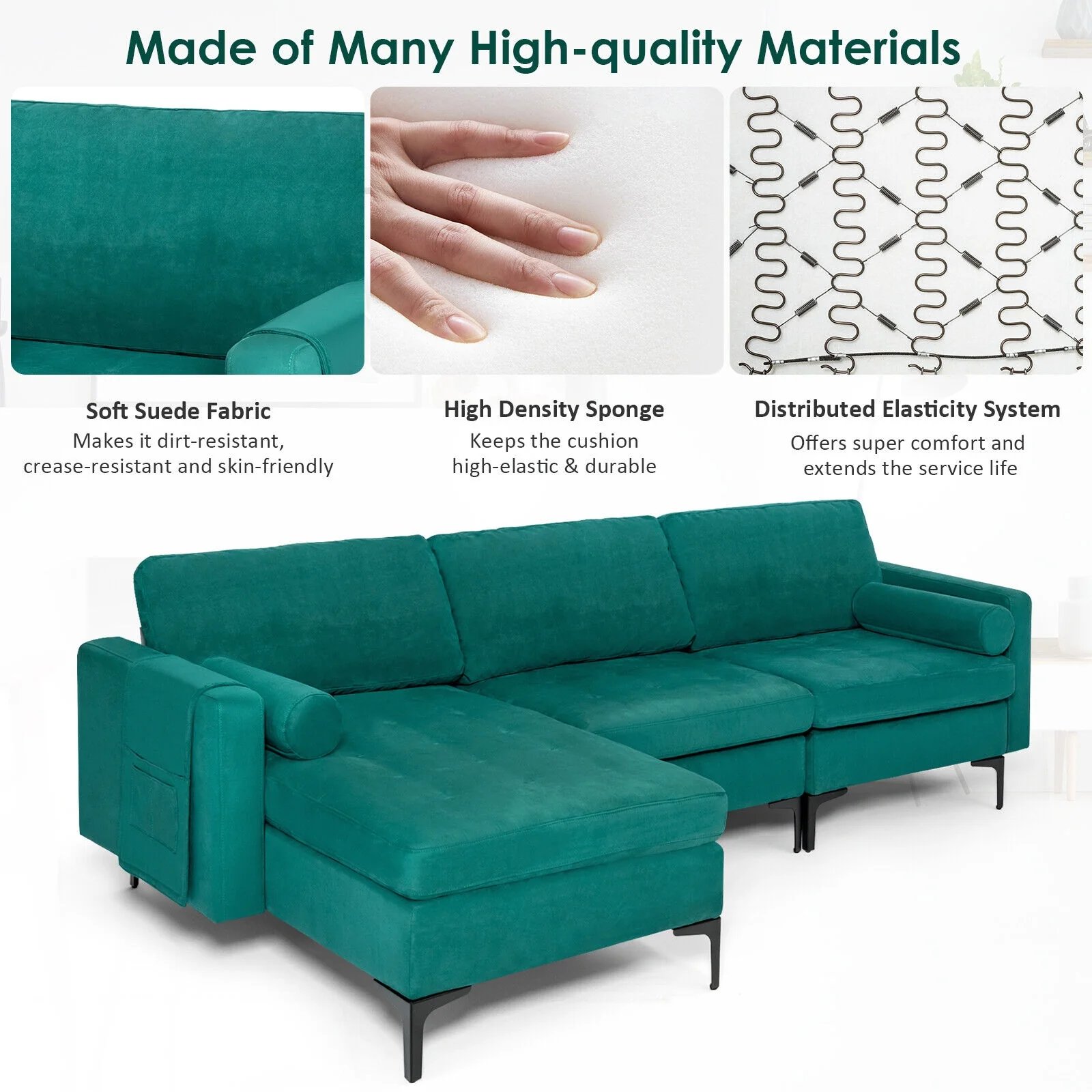 Modular L-Shaped Sectional Sofa, 3-Seat, USB Port, Teal - Image 6