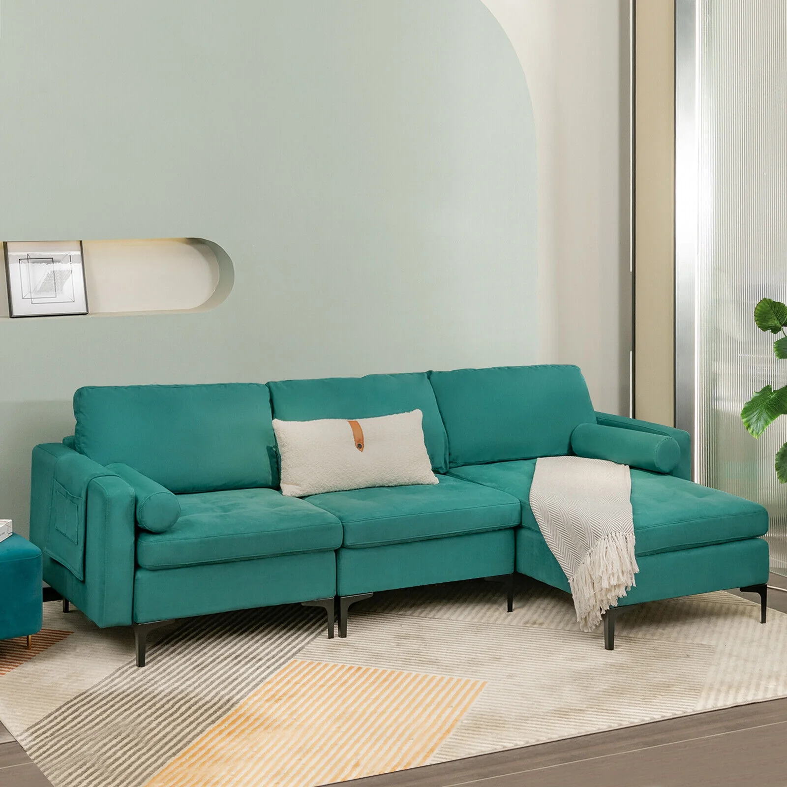 Modular L-Shaped Sectional Sofa, 3-Seat, USB Port, Teal - Image 7