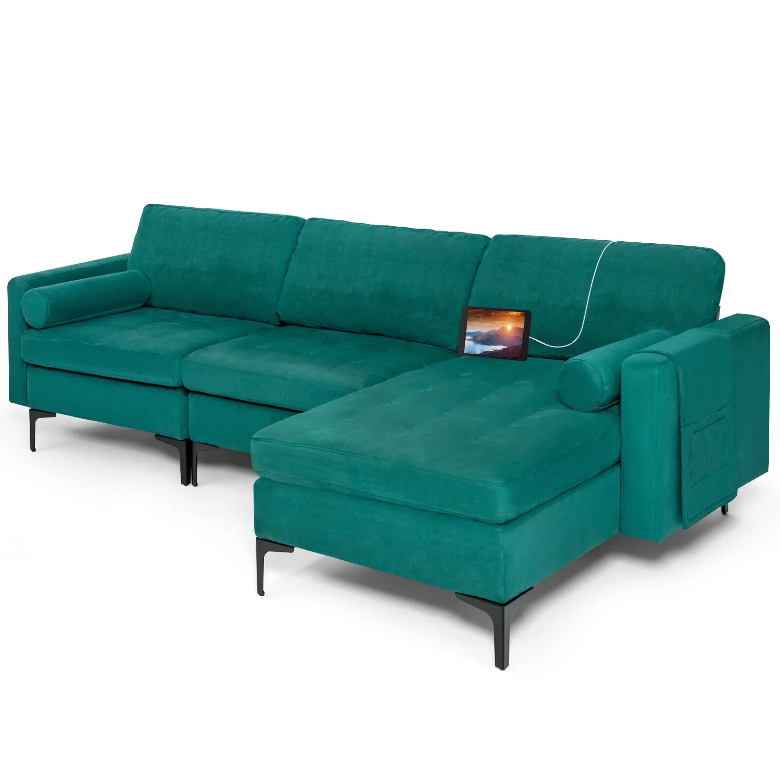 Modular L-Shaped Sectional Sofa, 3-Seat, USB Port, Teal - Image 8