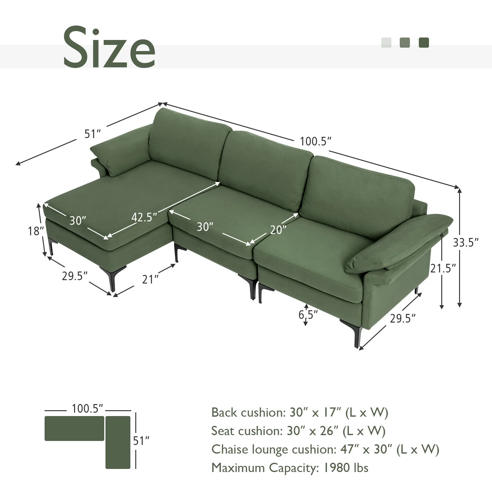 Modular L-Shaped Sectional Sofa, Extra Large, Army Green - Image 5
