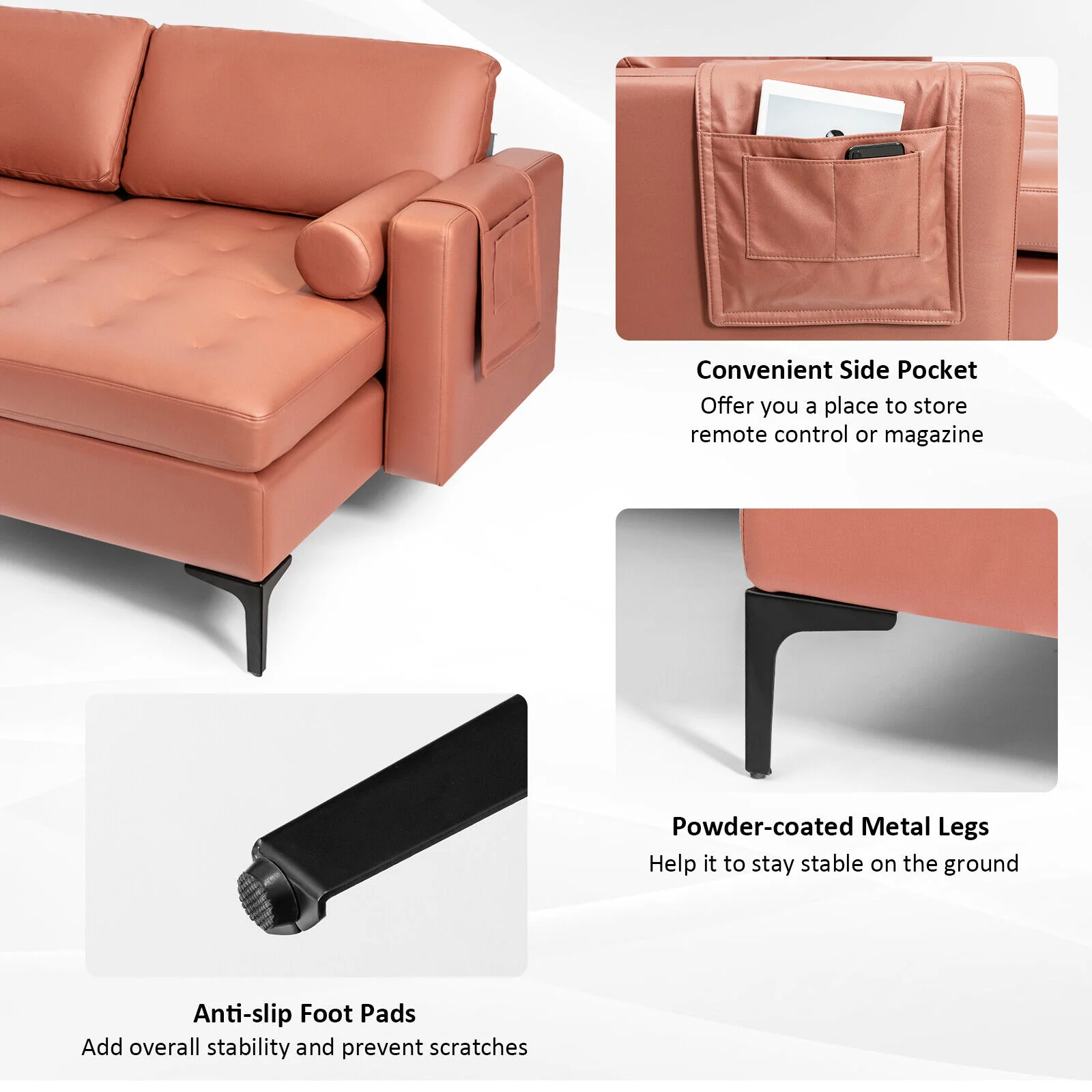 Modular L-Shaped Sectional Sofa, Reversible Chaise, 2 USB Ports, Pink - Image 10