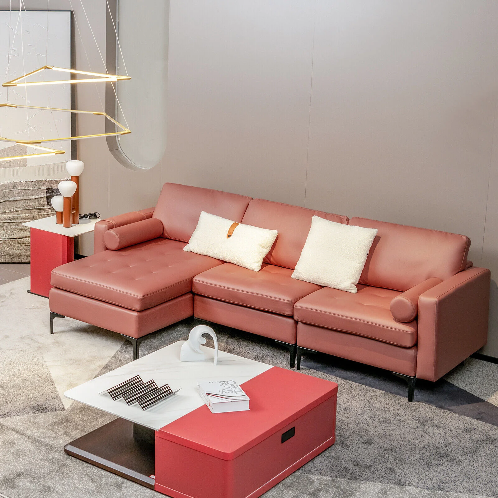 Modular L-Shaped Sectional Sofa, Reversible Chaise, 2 USB Ports, Pink - Image 2
