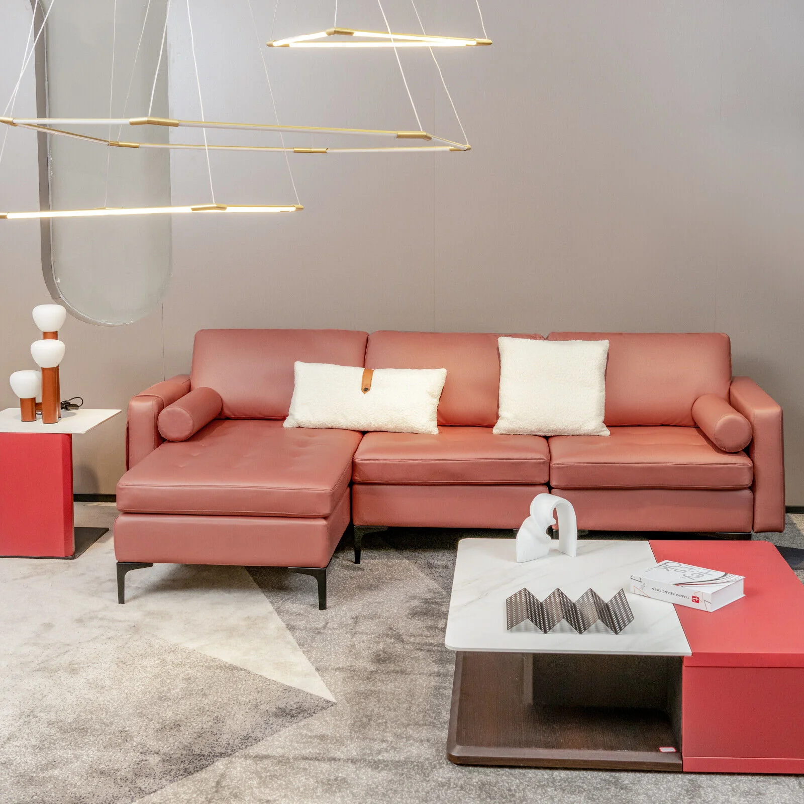 Modular L-Shaped Sectional Sofa, Reversible Chaise, 2 USB Ports, Pink - Image 3