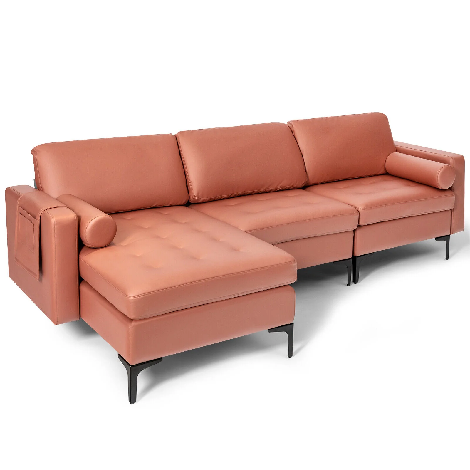 Modular L-Shaped Sectional Sofa, Reversible Chaise, 2 USB Ports, Pink - Image 4