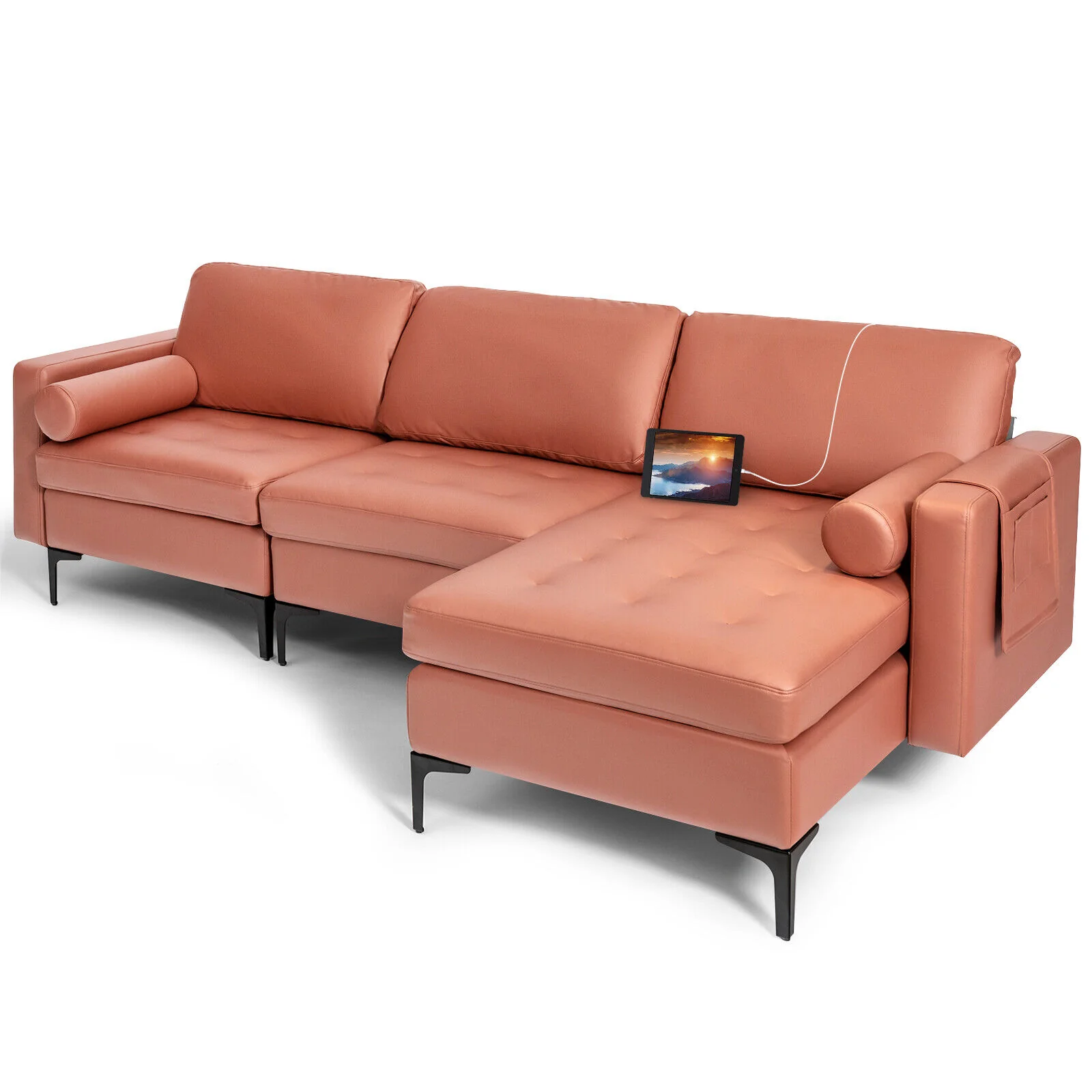 Modular L-Shaped Sectional Sofa, Reversible Chaise, 2 USB Ports, Pink - Image 5