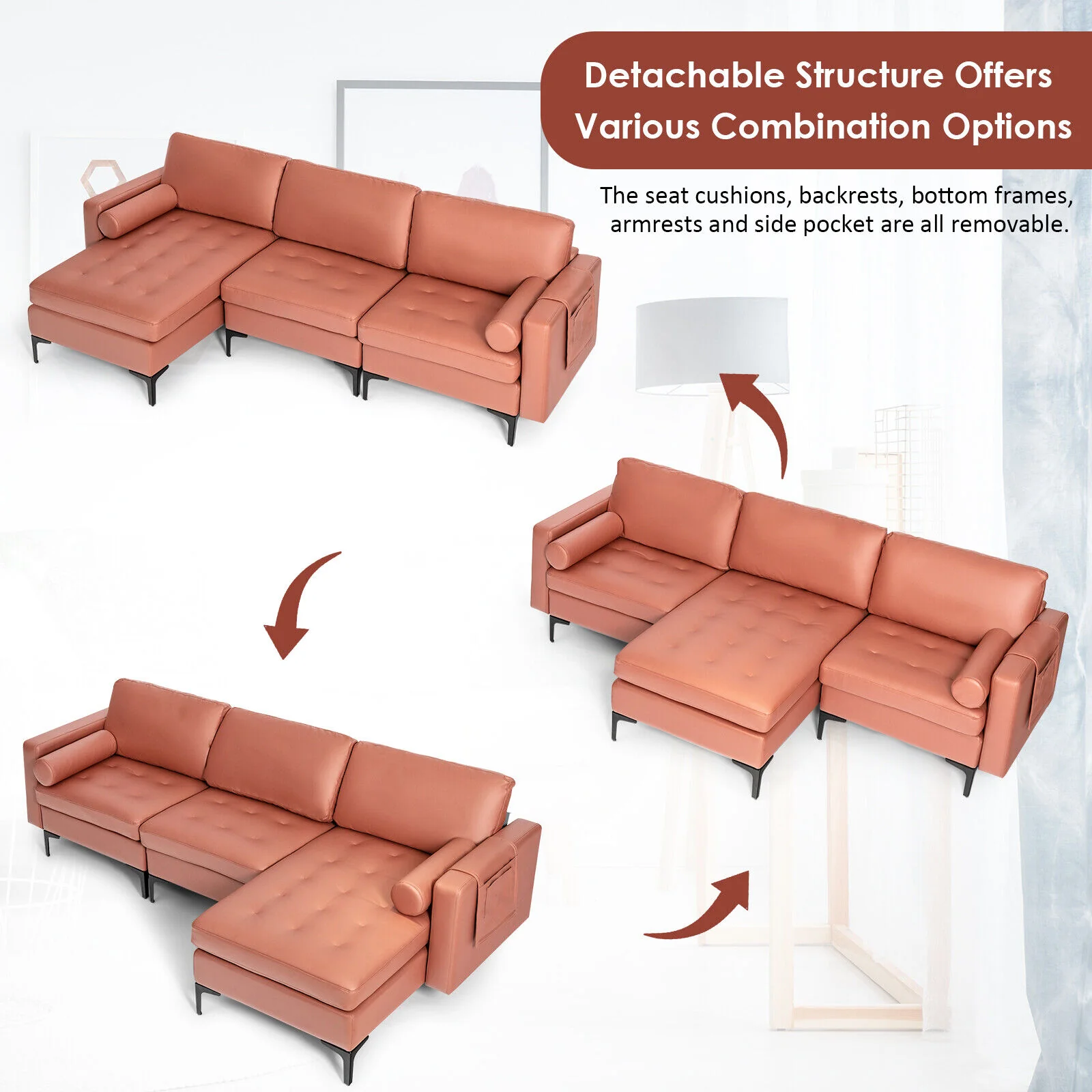 Modular L-Shaped Sectional Sofa, Reversible Chaise, 2 USB Ports, Pink - Image 7