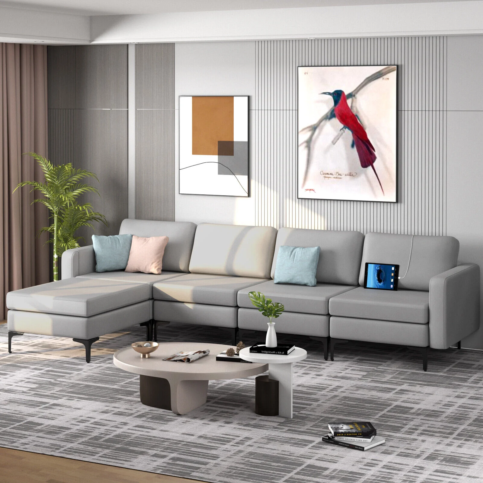 Modular L-Shaped Sectional Sofa, Reversible Ottoman, 2 USB Ports, Light Gray - Image 3
