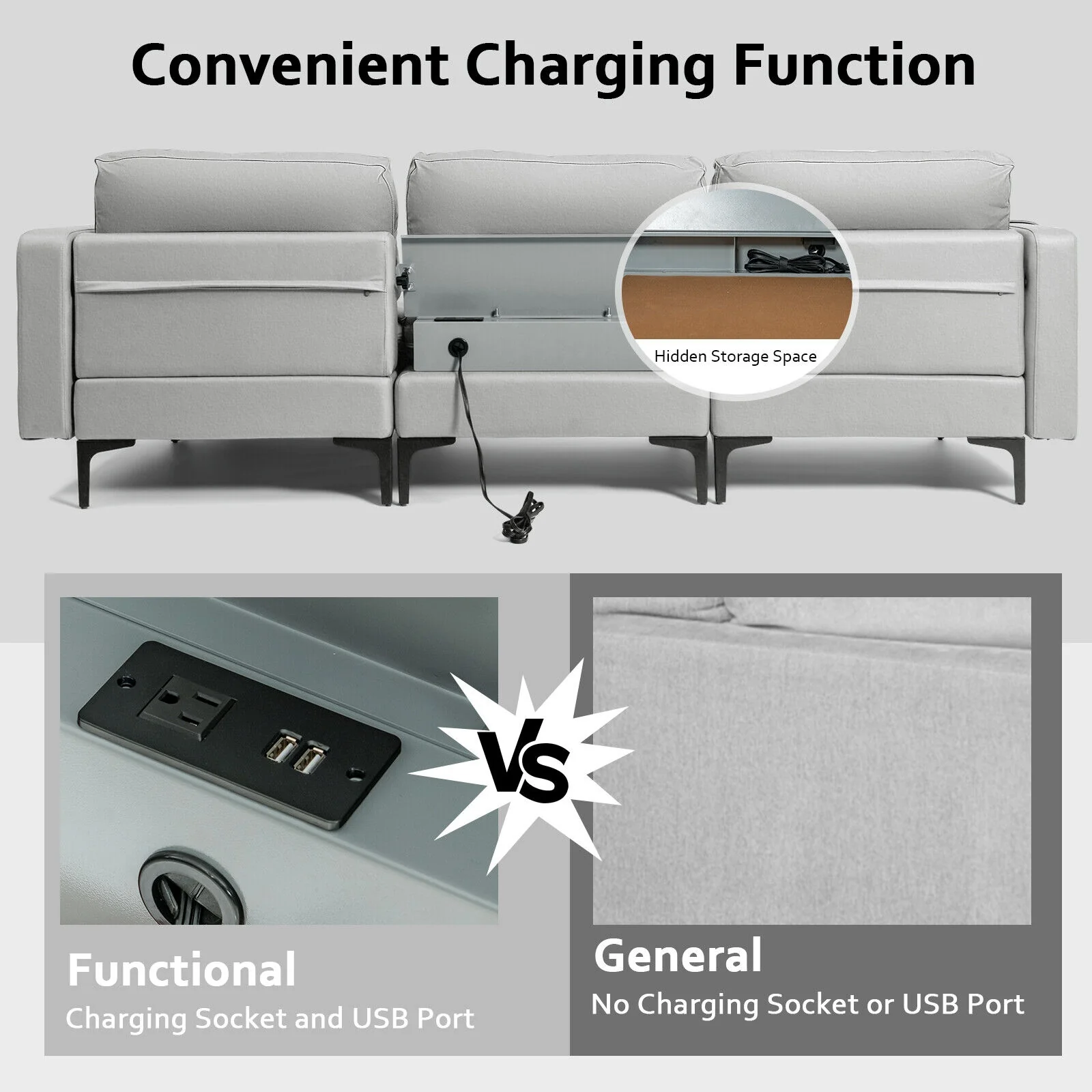 Modular Modern L-shaped Sectional Sofa with Reversible Chaise and 2 USB Ports, Light Gray - Image 10