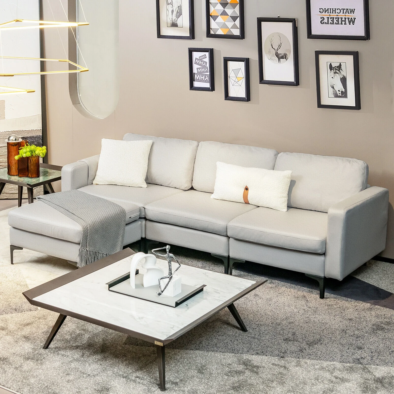 Modular Modern L-shaped Sectional Sofa with Reversible Chaise and 2 USB Ports, Light Gray - Image 2
