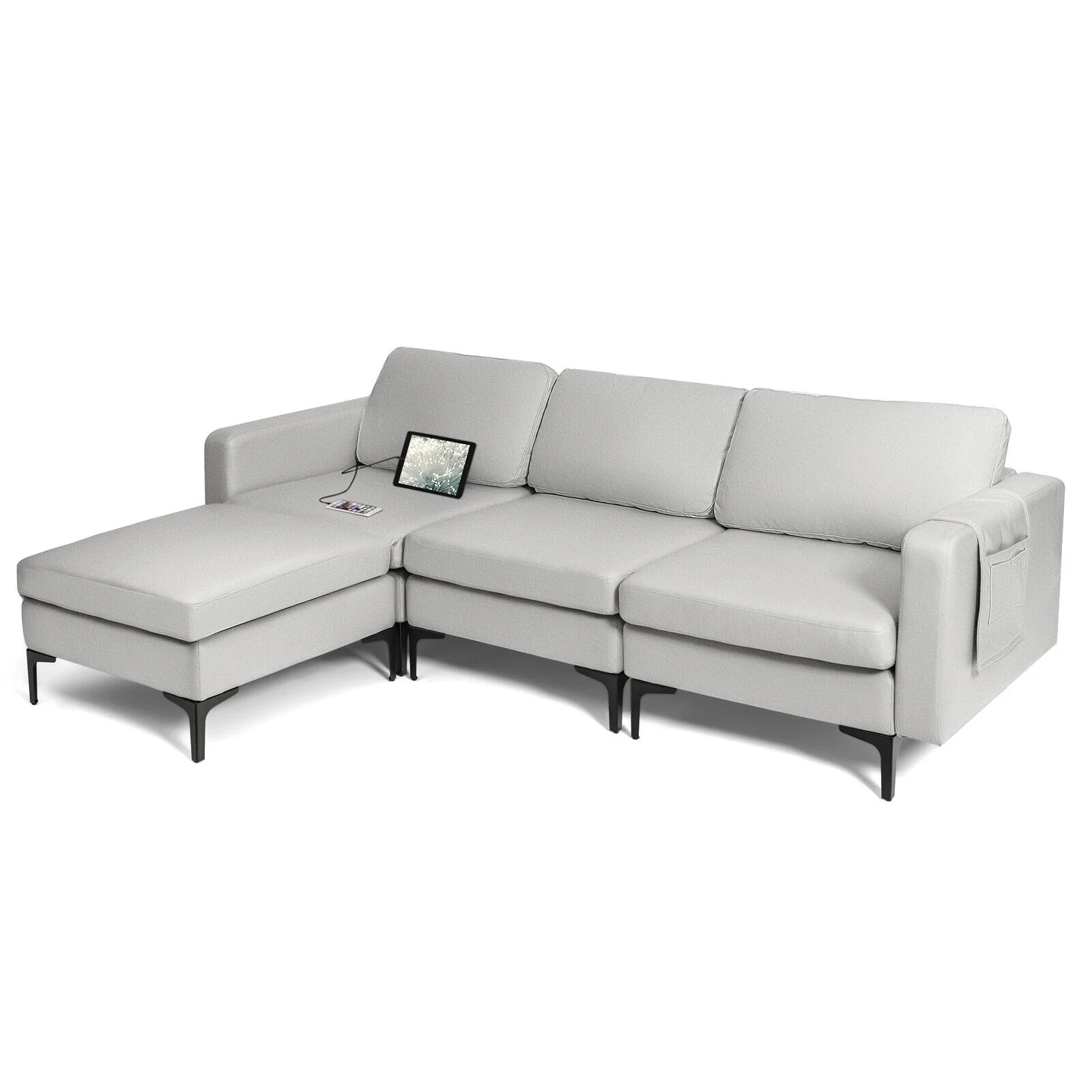 Modular Modern L-shaped Sectional Sofa with Reversible Chaise and 2 USB Ports, Light Gray - Image 5