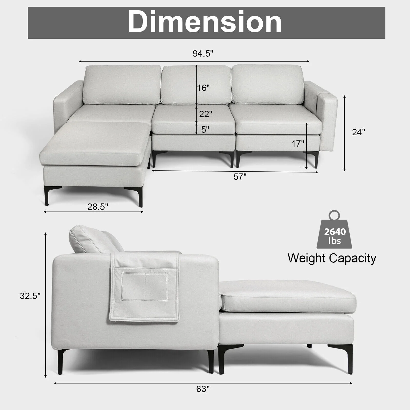 Modular Modern L-shaped Sectional Sofa with Reversible Chaise and 2 USB Ports, Light Gray - Image 6