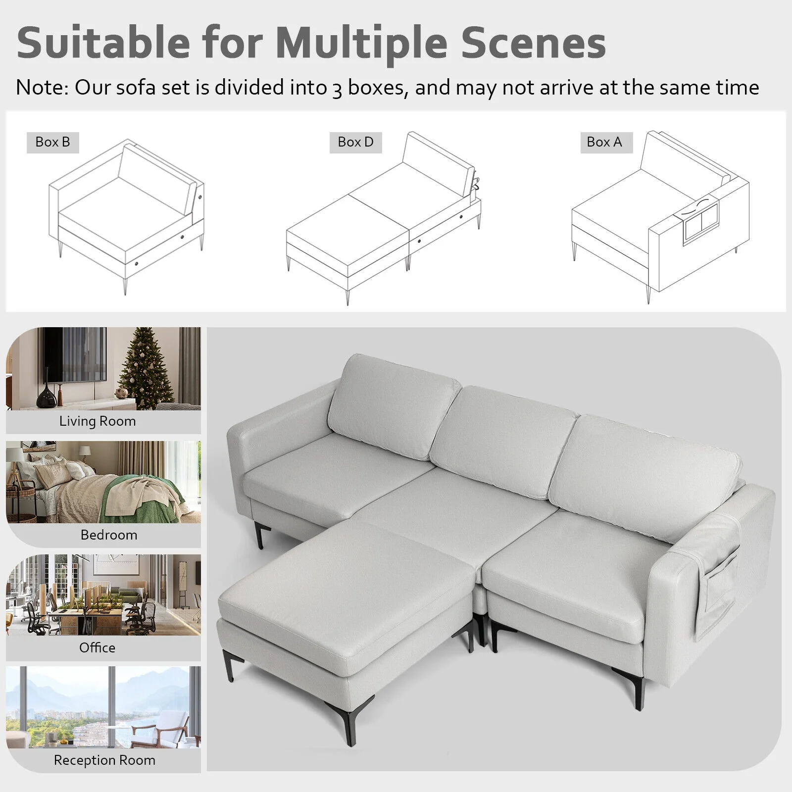 Modular Modern L-shaped Sectional Sofa with Reversible Chaise and 2 USB Ports, Light Gray - Image 7
