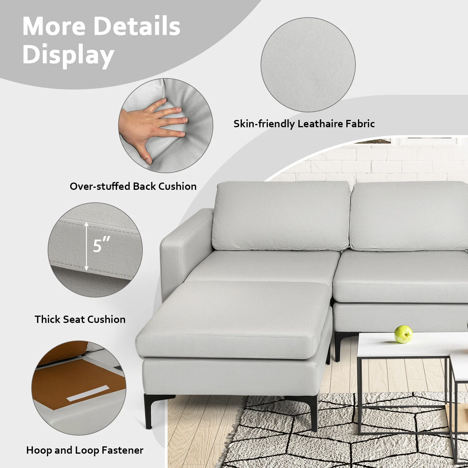 Modular Modern L-shaped Sectional Sofa with Reversible Chaise and 2 USB Ports, Light Gray - Image 8