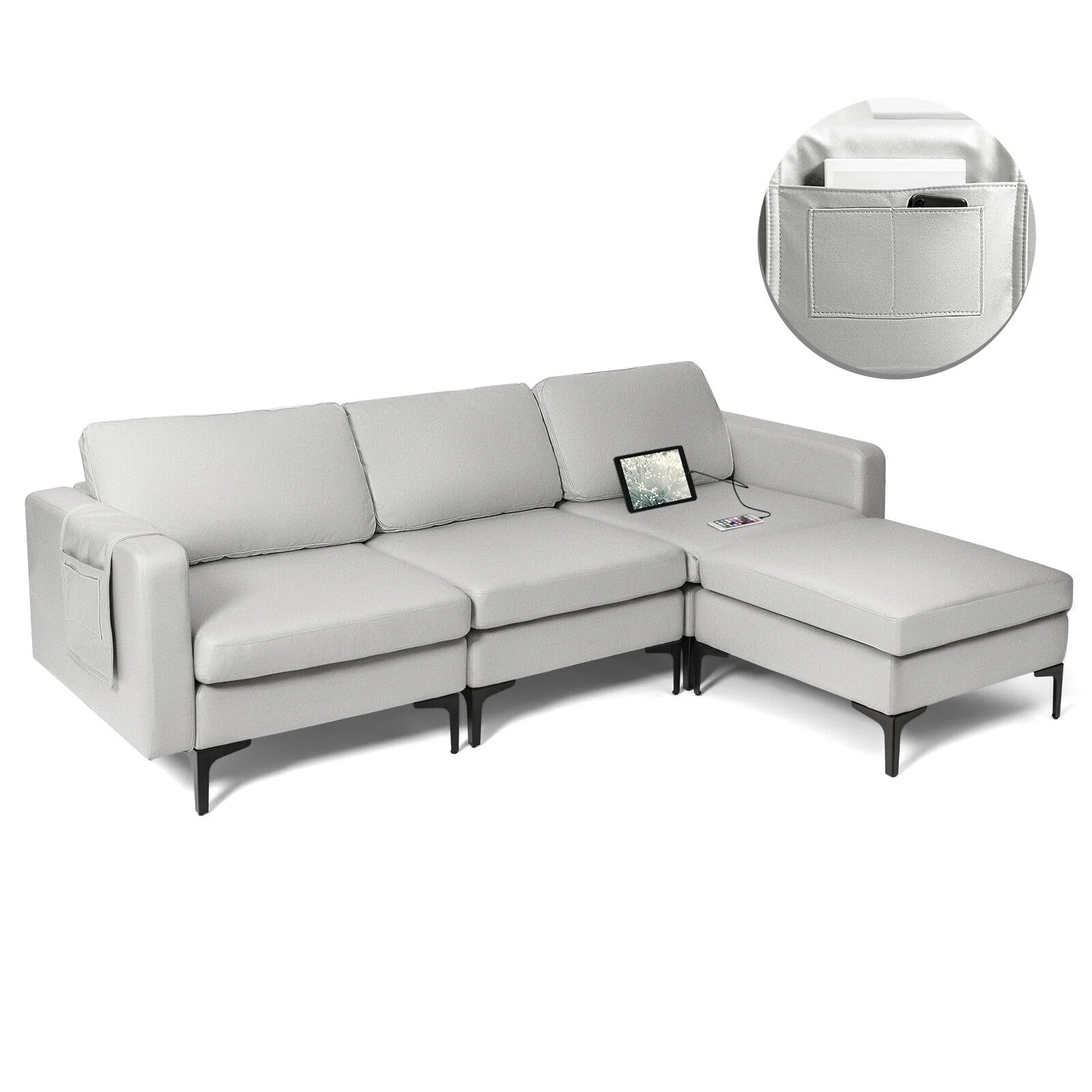 Modular Modern L-shaped Sectional Sofa with Reversible Chaise and 2 USB Ports, Light Gray - Image 9