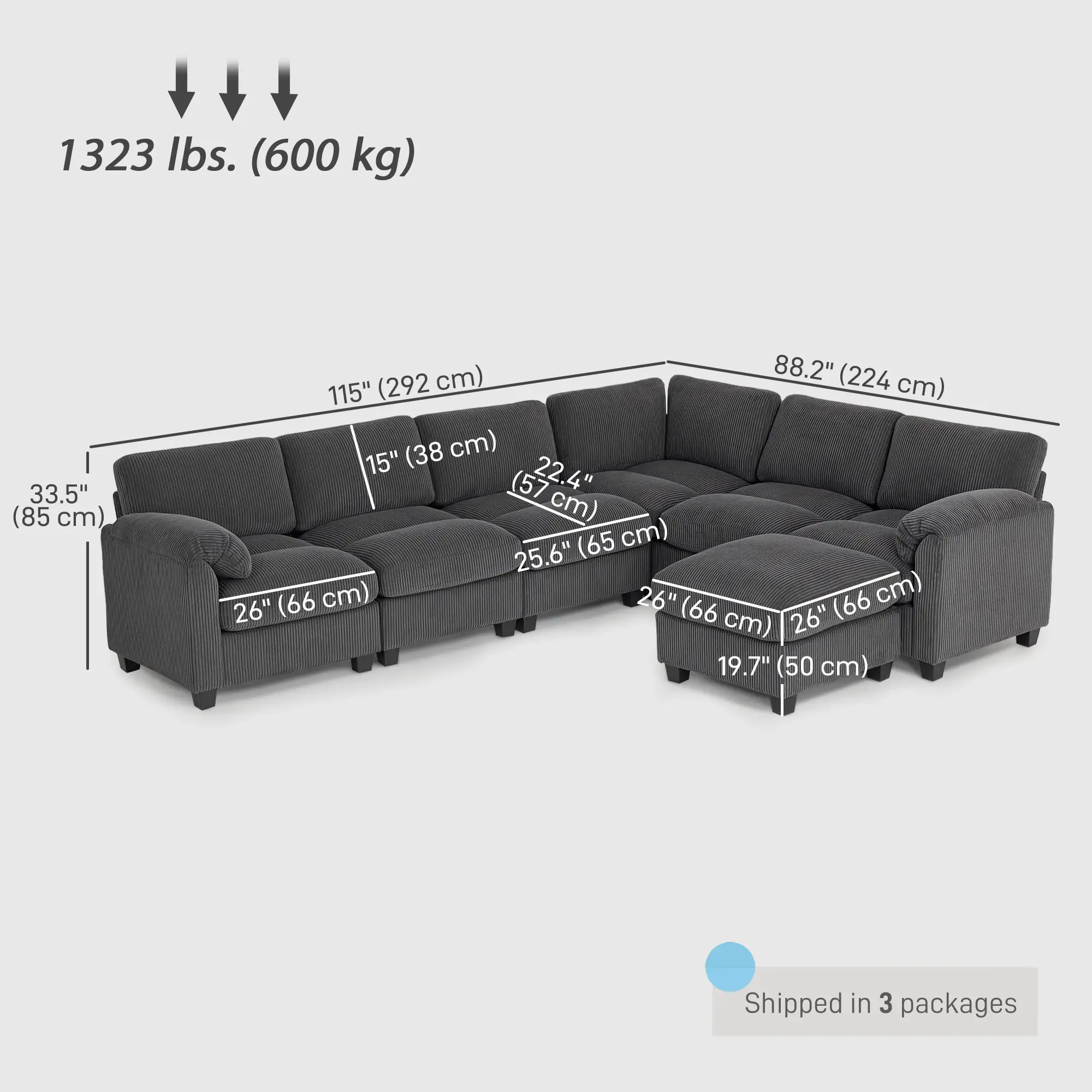 Modular Sectional Sofa, Oversized U-Shaped, Spring Cushion, Corduroy, Charcoal Grey - Image 3