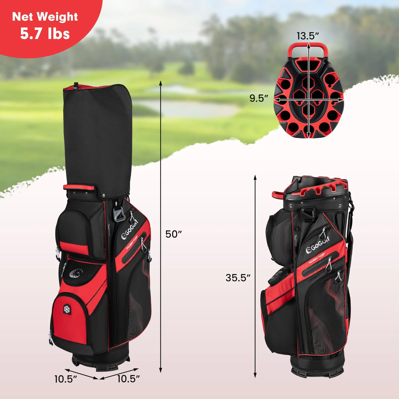 Molded Lock Top Golf Cart Bag, 14-Way Full Length Dividers, 11 Pockets, Red - Image 4