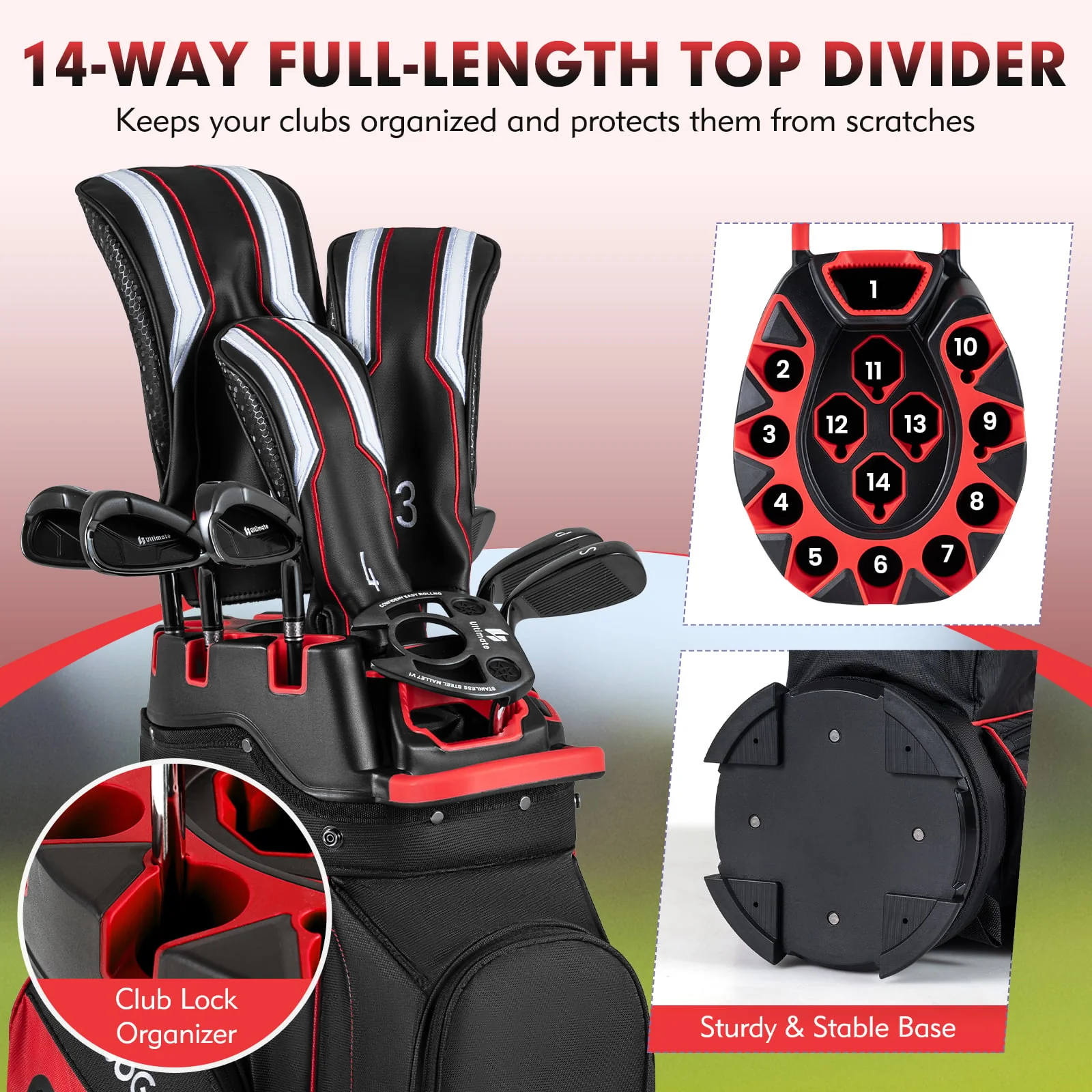 Molded Lock Top Golf Cart Bag, 14-Way Full Length Dividers, 11 Pockets, Red - Image 5