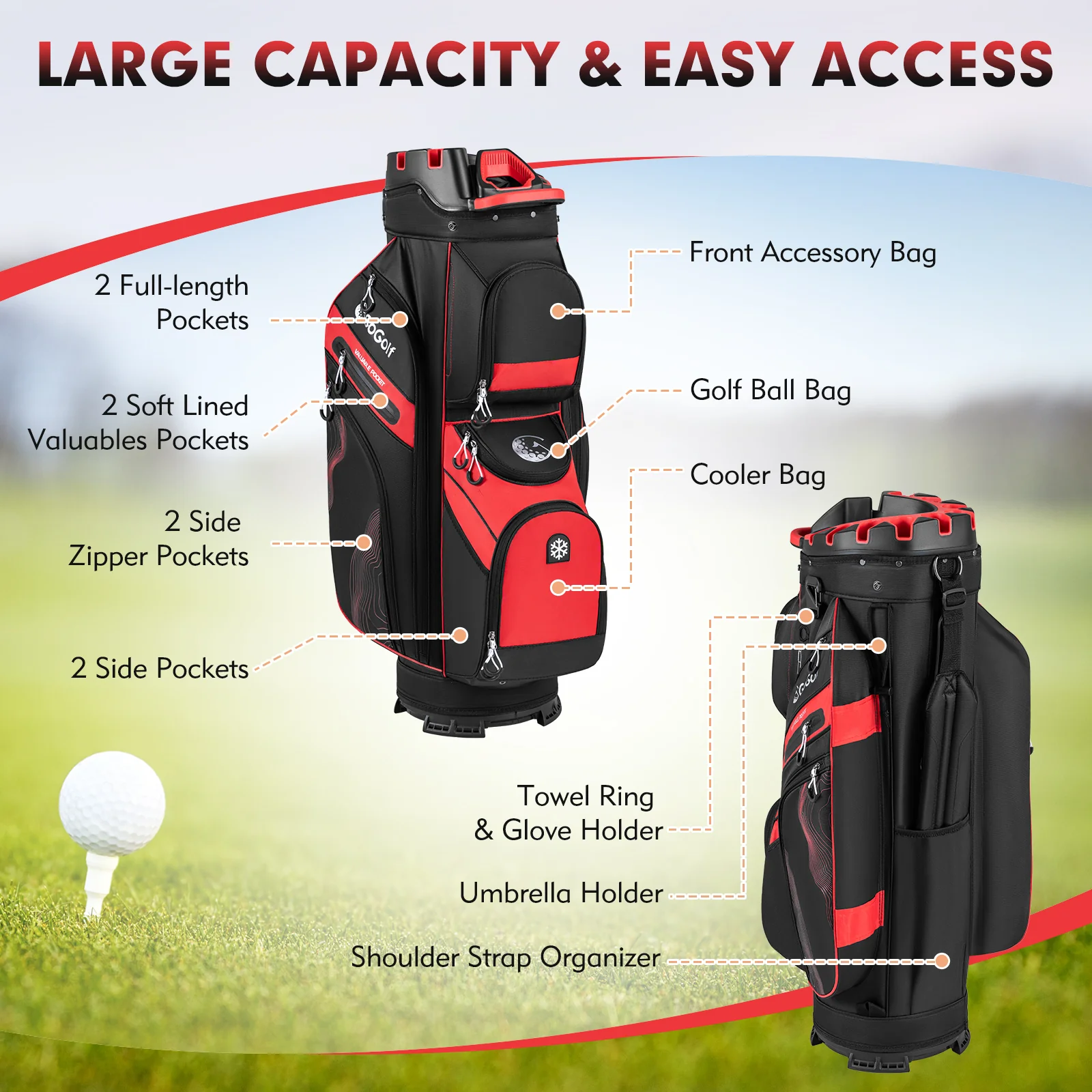 Molded Lock Top Golf Cart Bag, 14-Way Full Length Dividers, 11 Pockets, Red - Image 6