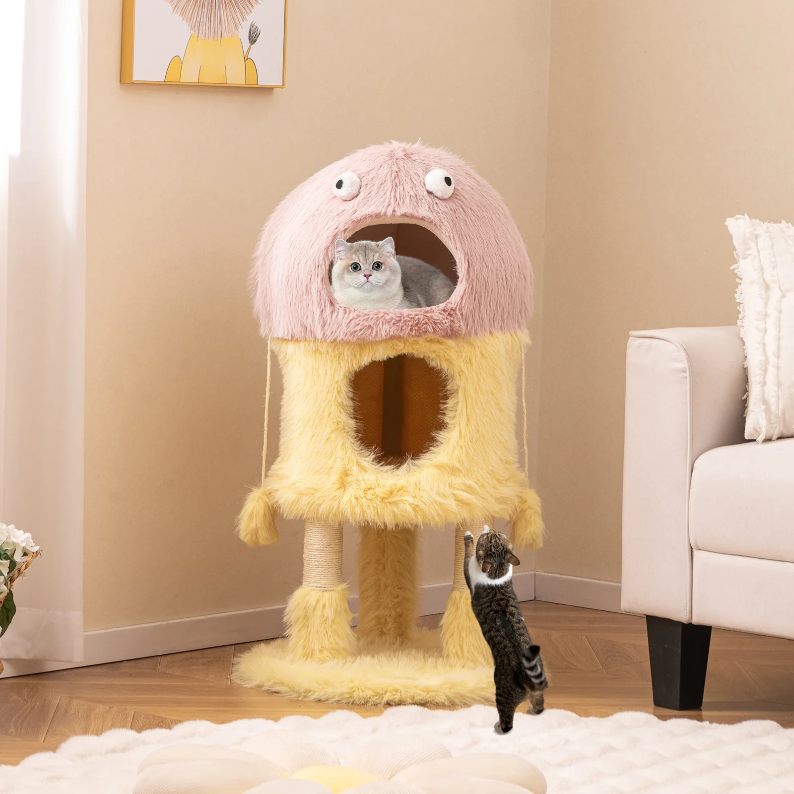 Monster Cat Tower, 2 Condos, 3-Level Activity Center, Yellow - Image 3