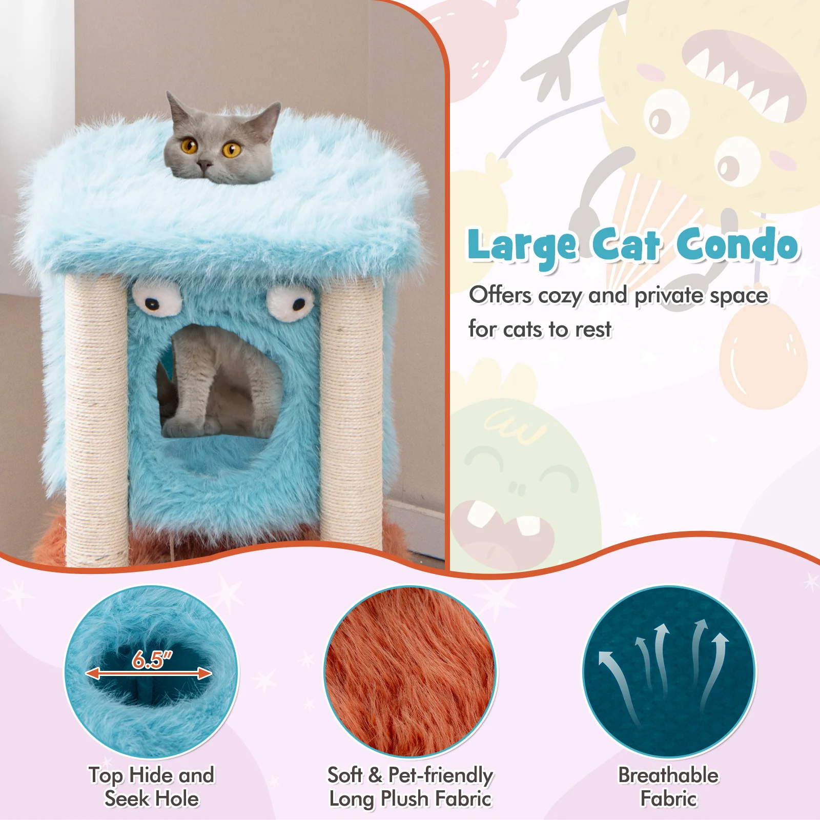 Monster Cat Tower, Private Condo, Soft Plush, Blue - Image 8