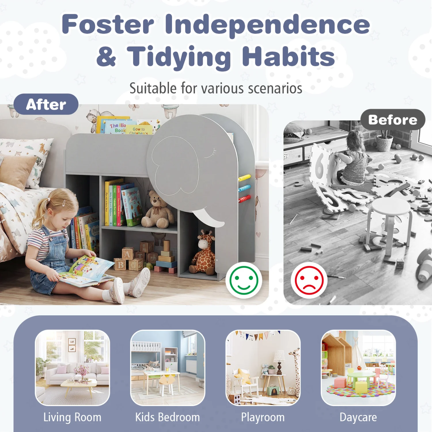 Montessori Bookshelf with Elephant Shape 3-Tier Toddler Toy Storage Organizer-Grey, Gray - Image 10