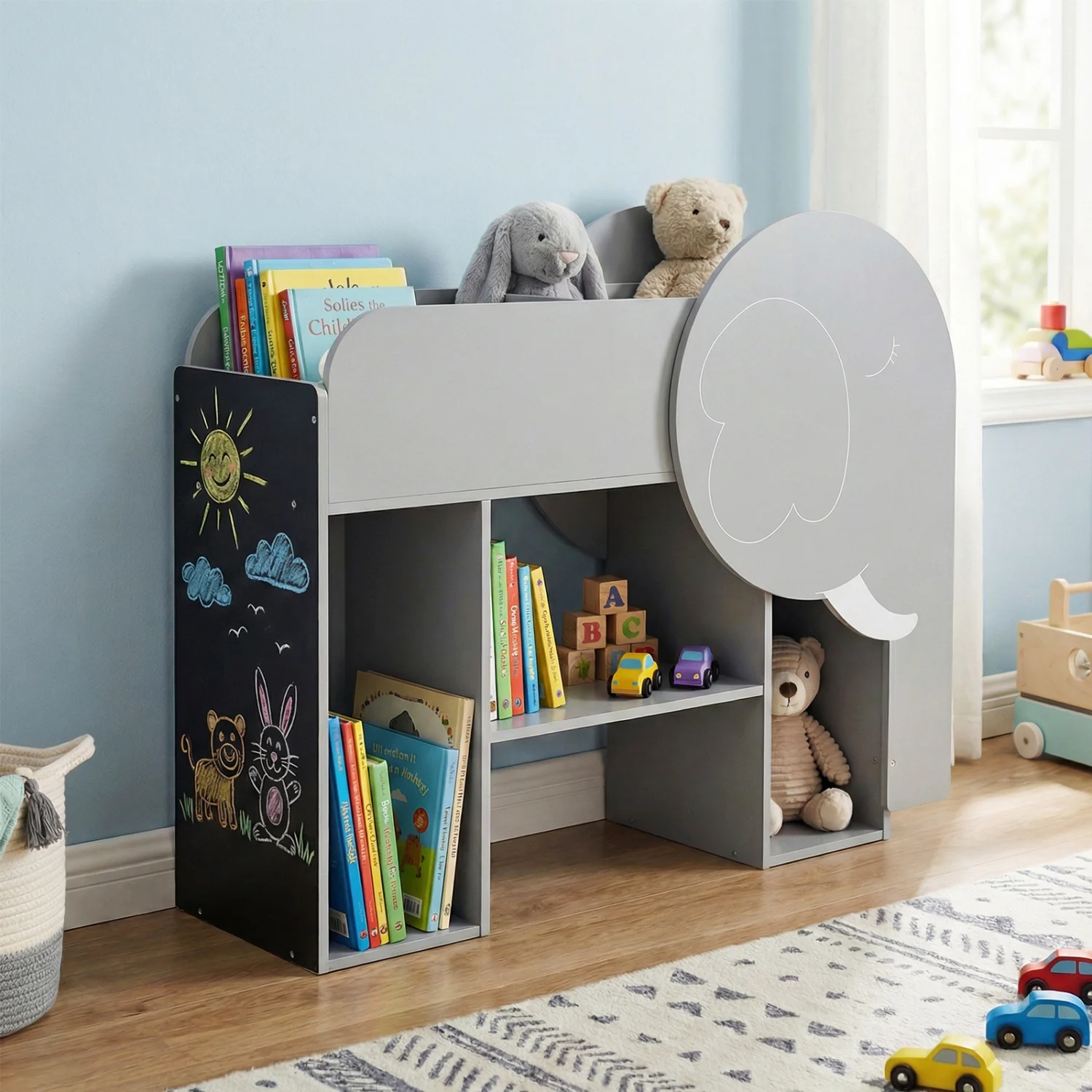Montessori Bookshelf with Elephant Shape 3-Tier Toddler Toy Storage Organizer-Grey, Gray - Image 3