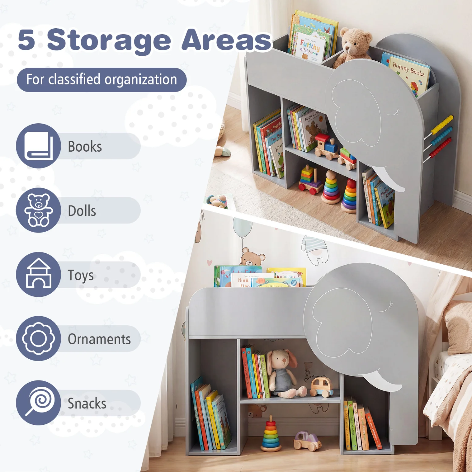Montessori Bookshelf with Elephant Shape 3-Tier Toddler Toy Storage Organizer-Grey, Gray - Image 8