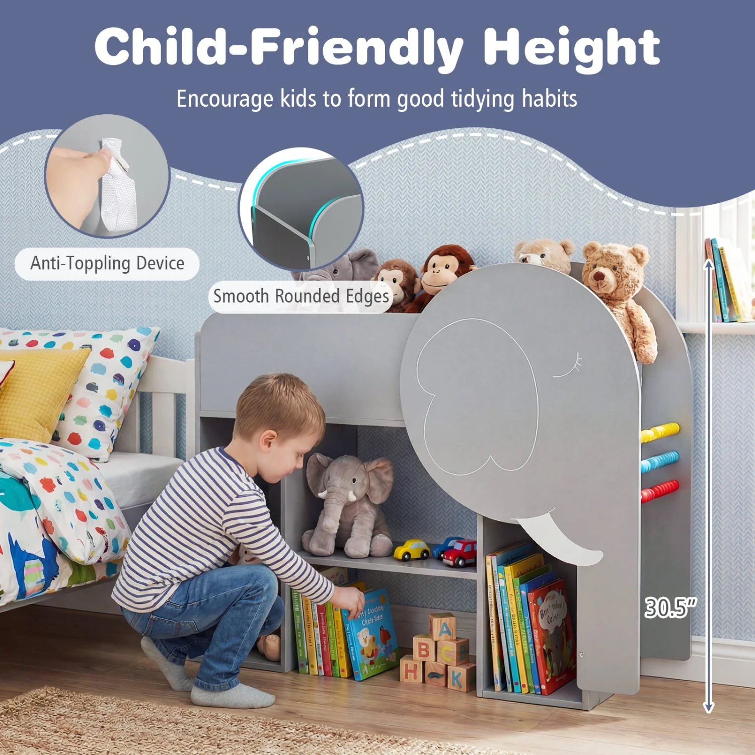 Montessori Bookshelf with Elephant Shape 3-Tier Toddler Toy Storage Organizer-Grey, Gray - Image 9