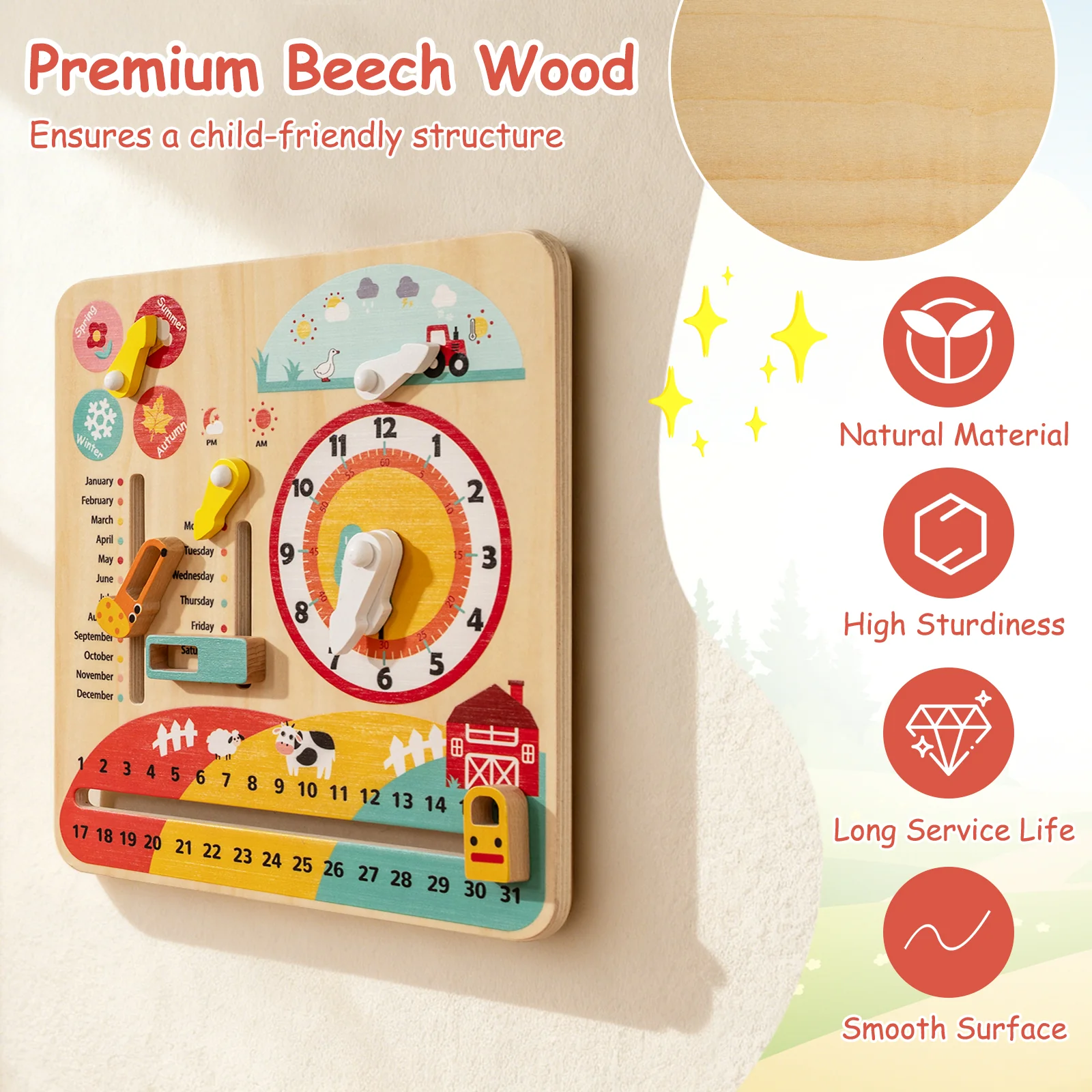 Montessori Wooden Toy for Toddlers Educational Learning Clock Toy About Season - Image 9