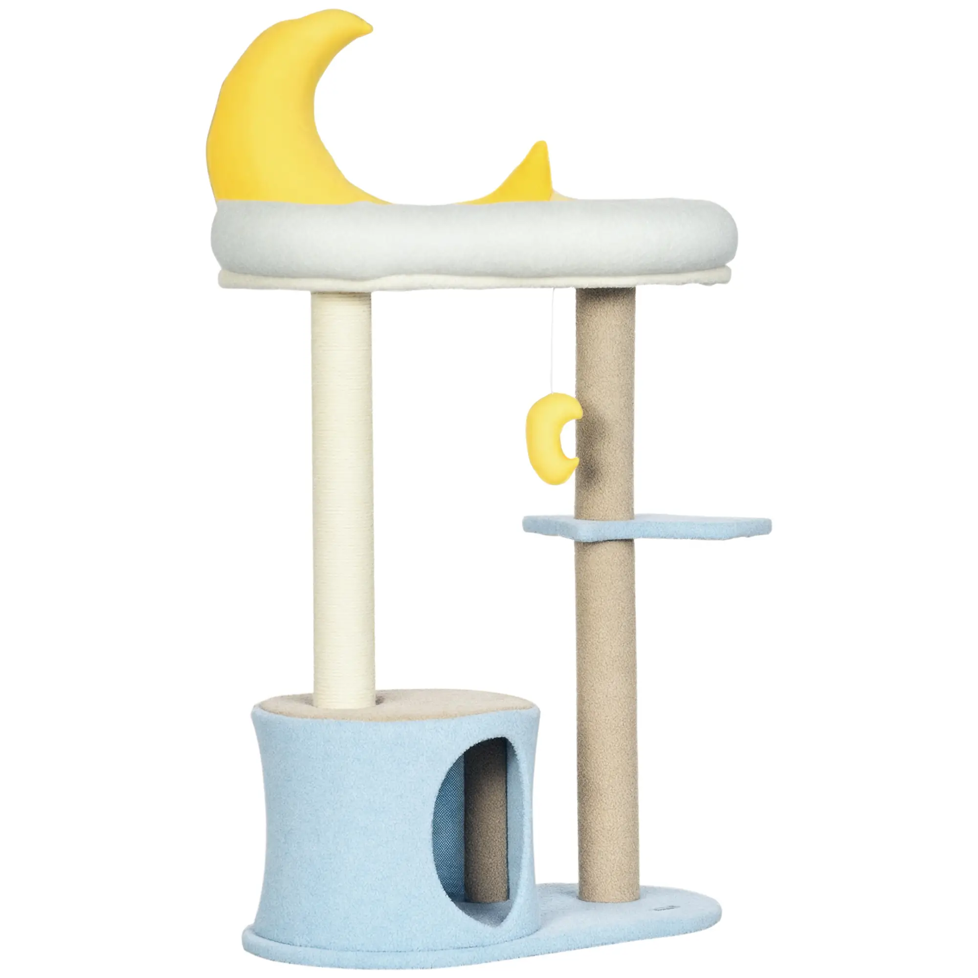 Moon Cat Tower, Teddy Fleece House Bed, Scratching Post, Hanging Toy, Star Platform 41", Blue