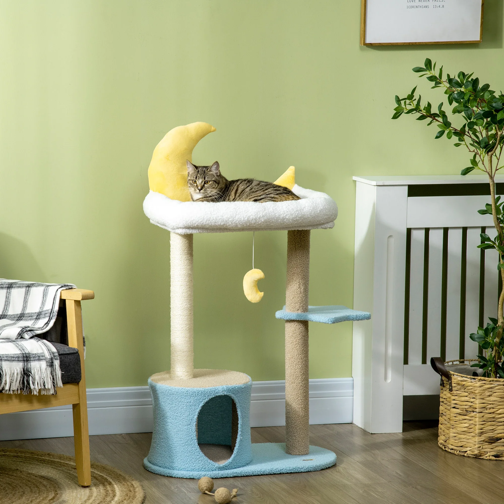 Moon Cat Tower, Teddy Fleece House Bed, Scratching Post, Hanging Toy, Star Platform 41", Blue - Image 2