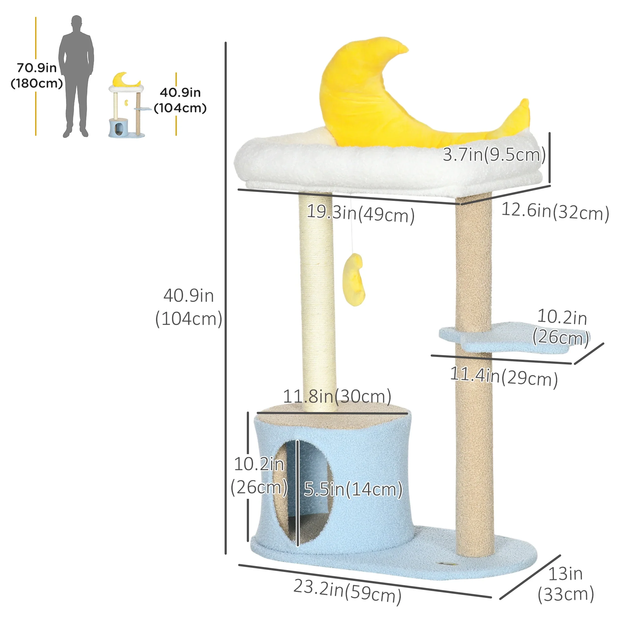 Moon Cat Tower, Teddy Fleece House Bed, Scratching Post, Hanging Toy, Star Platform 41", Blue - Image 3