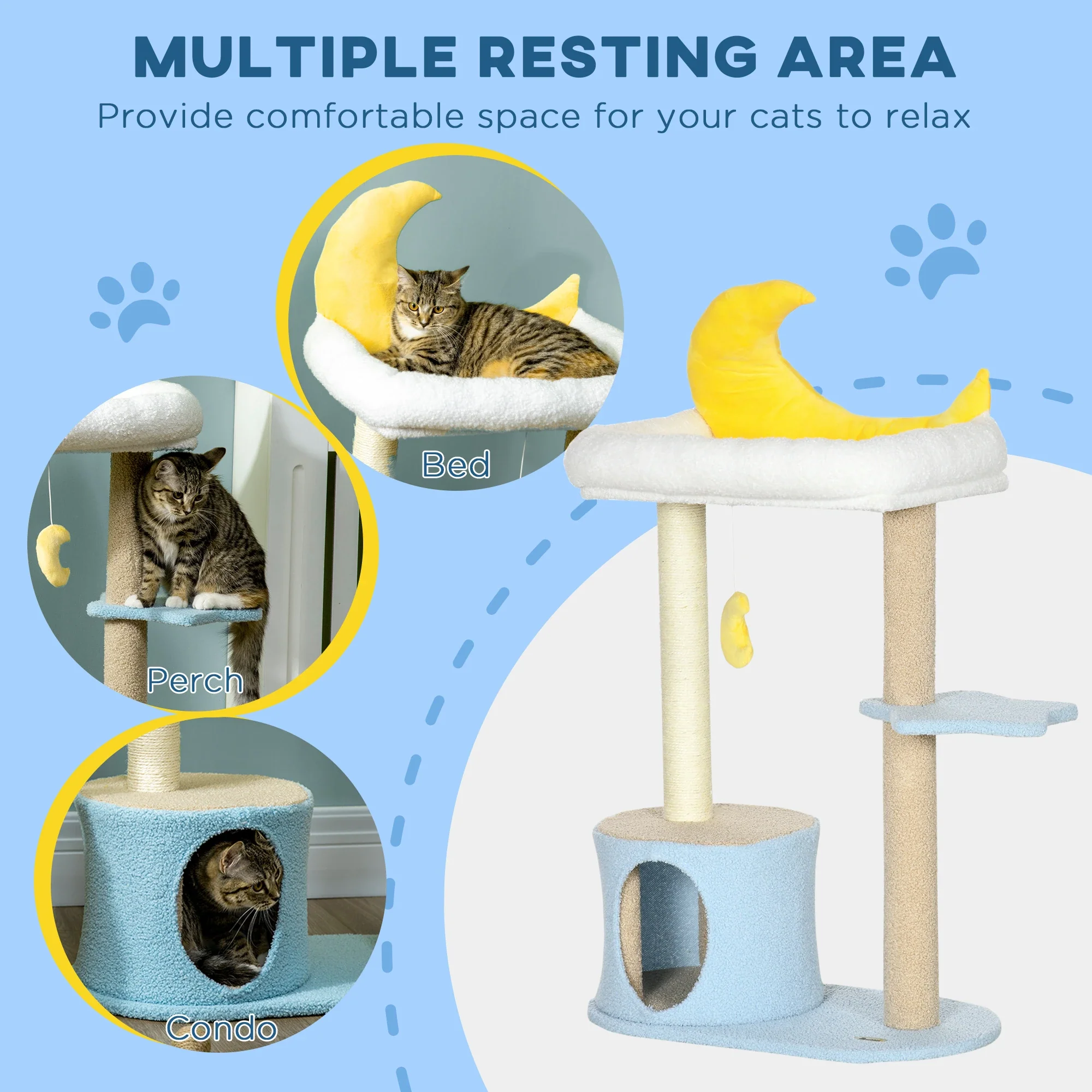 Moon Cat Tower, Teddy Fleece House Bed, Scratching Post, Hanging Toy, Star Platform 41", Blue - Image 4