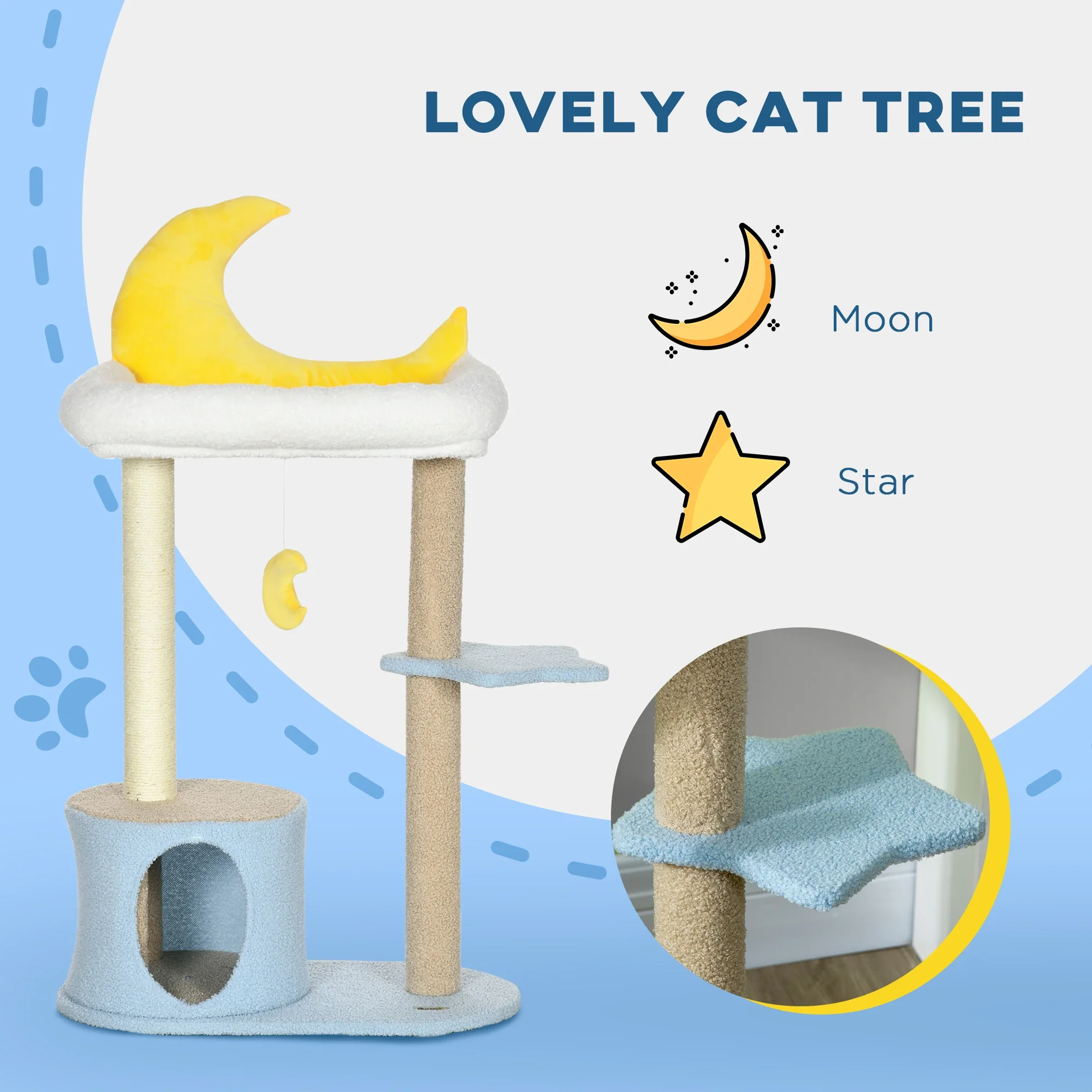 Moon Cat Tower, Teddy Fleece House Bed, Scratching Post, Hanging Toy, Star Platform 41", Blue - Image 5