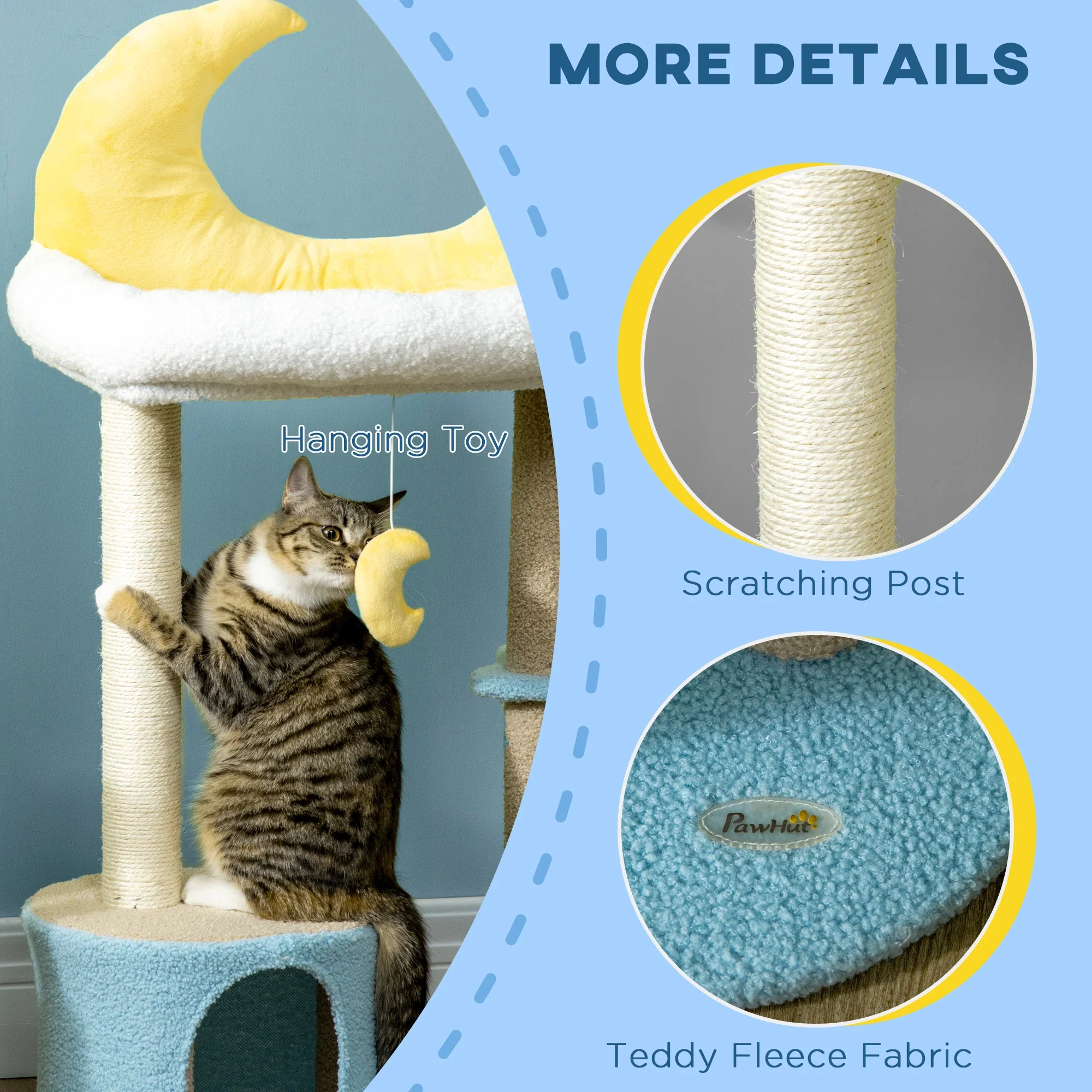 Moon Cat Tower, Teddy Fleece House Bed, Scratching Post, Hanging Toy, Star Platform 41", Blue - Image 6